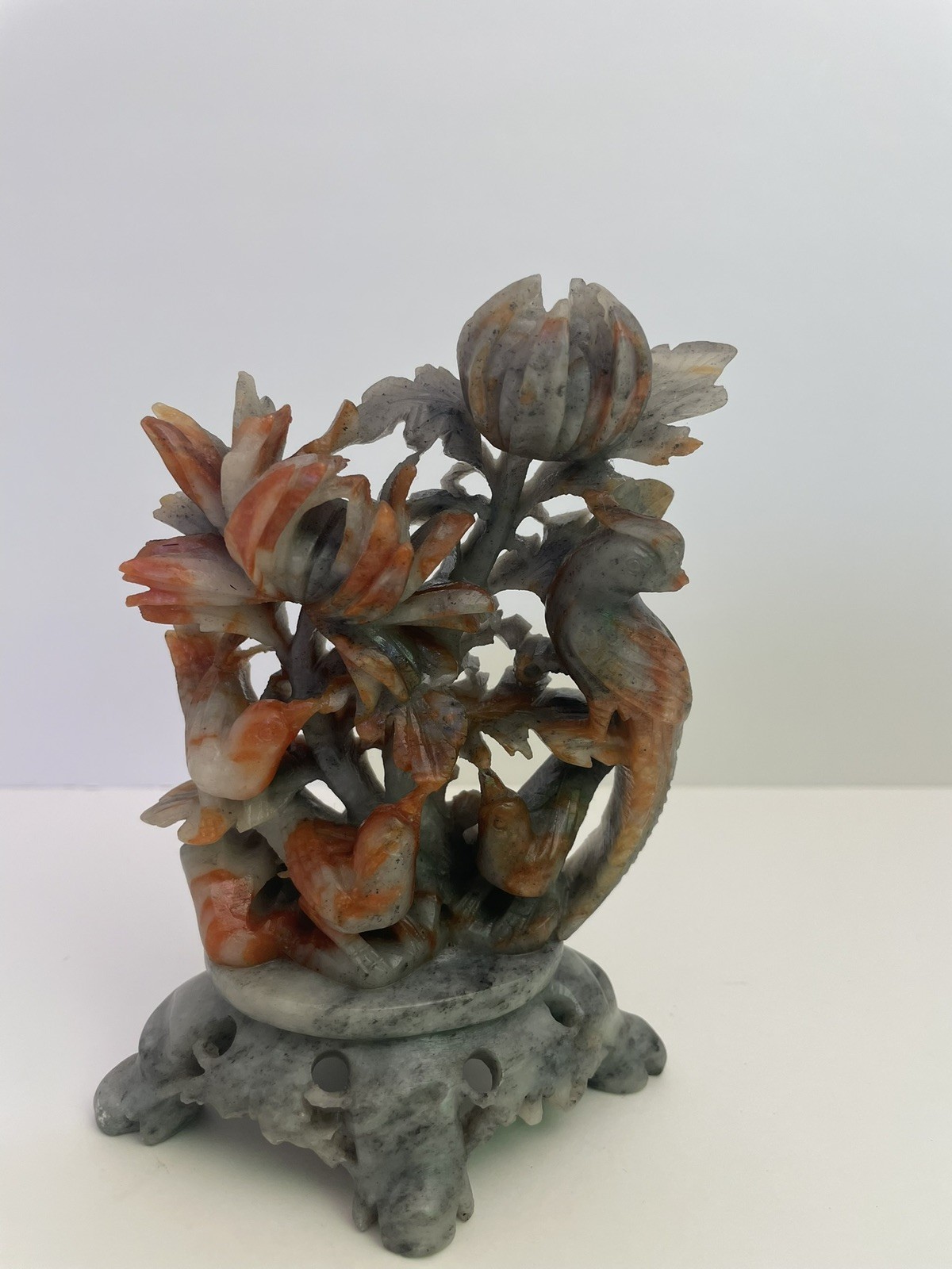 Vintage Chinese Soapstone Carving - Bird & Lotus Flower Figurine with Box
