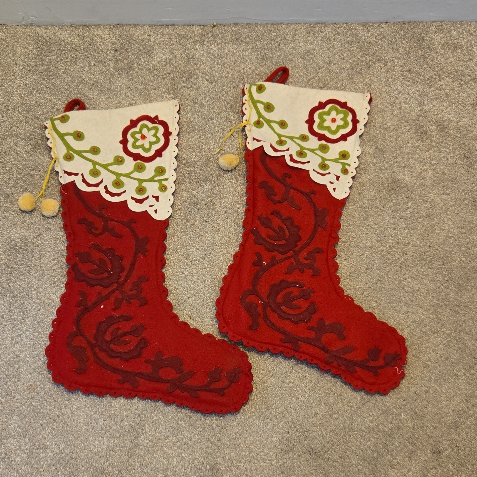 Pier 1  Set Of 2 Vintage-Style Christmas Stockings with Intricate Felt Appliqué