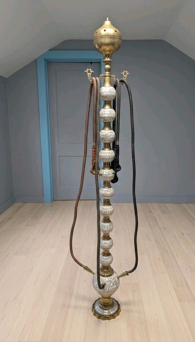 6ft Vintage Brass, Mother of Pearl 4 person  Hookah w/2 sets Of hoses Cobra/Wood