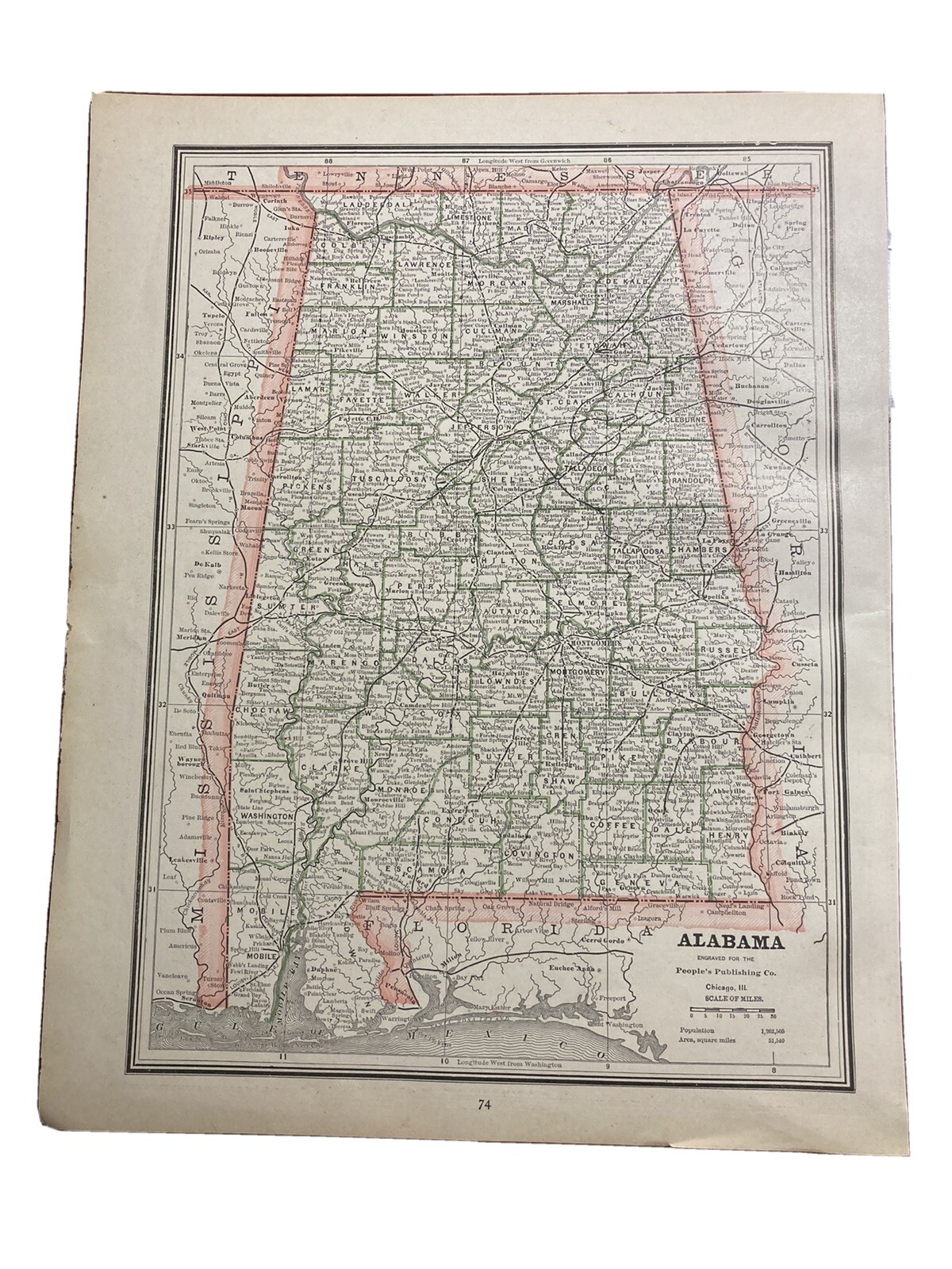 Alabama Florida Map People's Publishing Co Removed From A Book