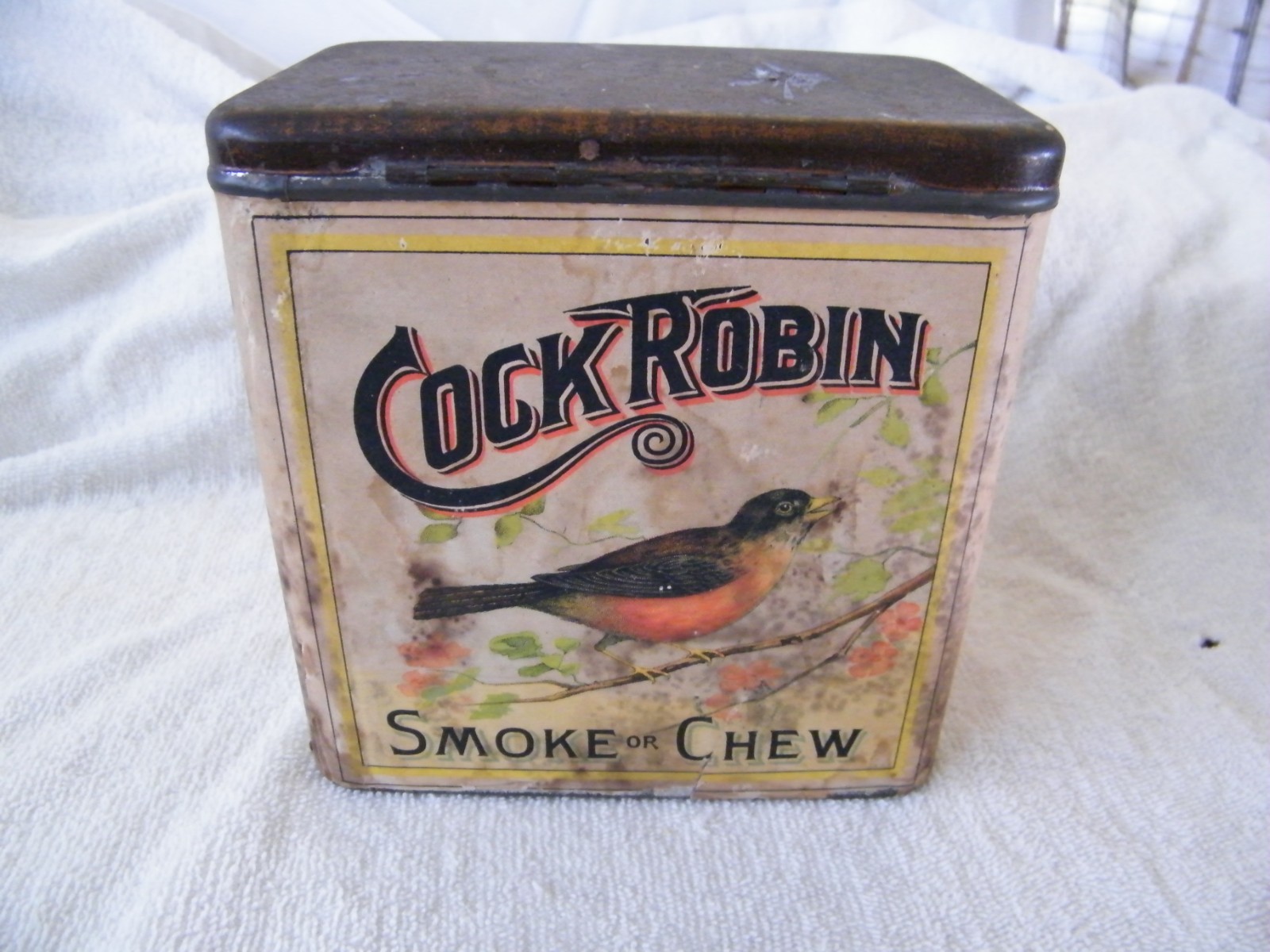 Vintage COCK ROBIN Tobacco Tin Can SMOKE or CHEW 6x6x4 (Extremely RARE Tin)