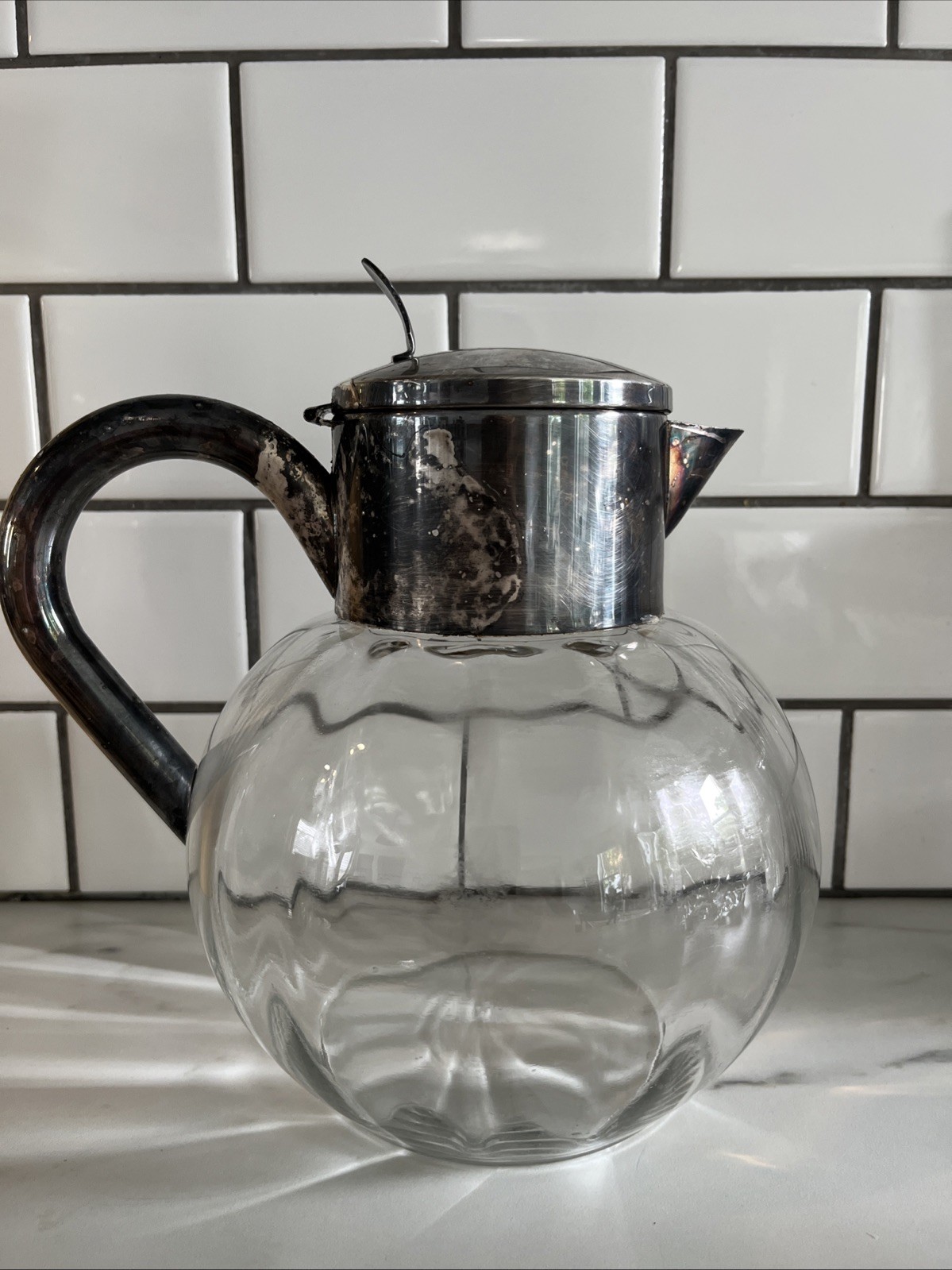 Vtg Germany Crystal SIlverplated Pitcher Balloon Shape 9\
