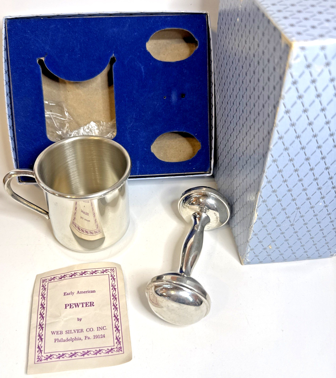 Vintage Pewter Baby Cup & Rattle Set Web Silver Co In Orig Box