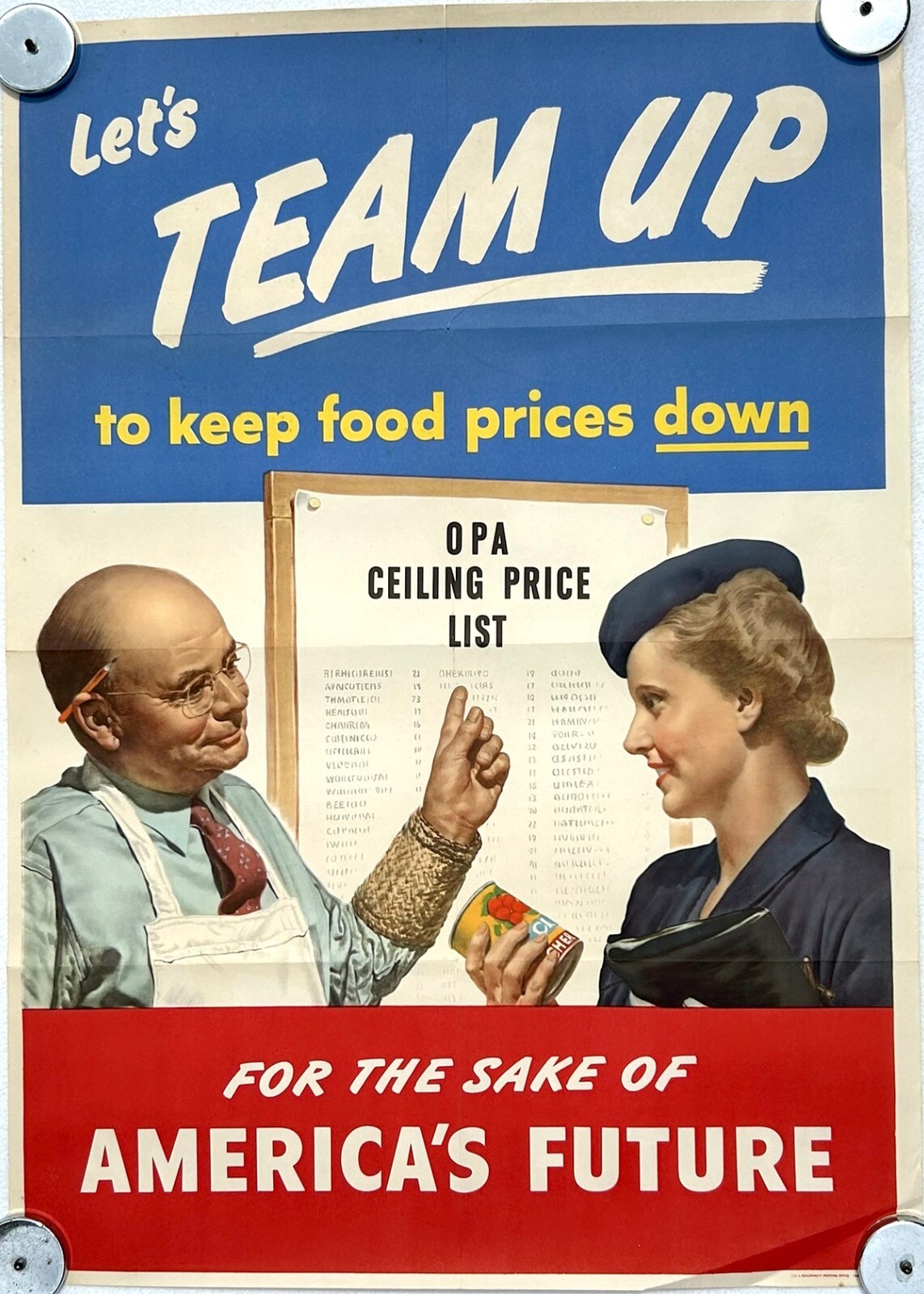 1944 WWII UNITED STATES Propaganda Poster LET\'S TEAM UP FOR FOOD PRICES