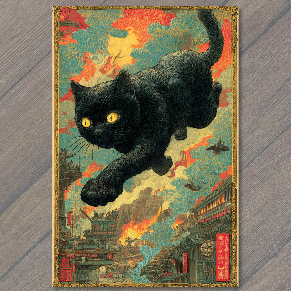 POSTCARD Giant Black Cat Kaiju Leaping Over Burning City Ukiyo Japanese
