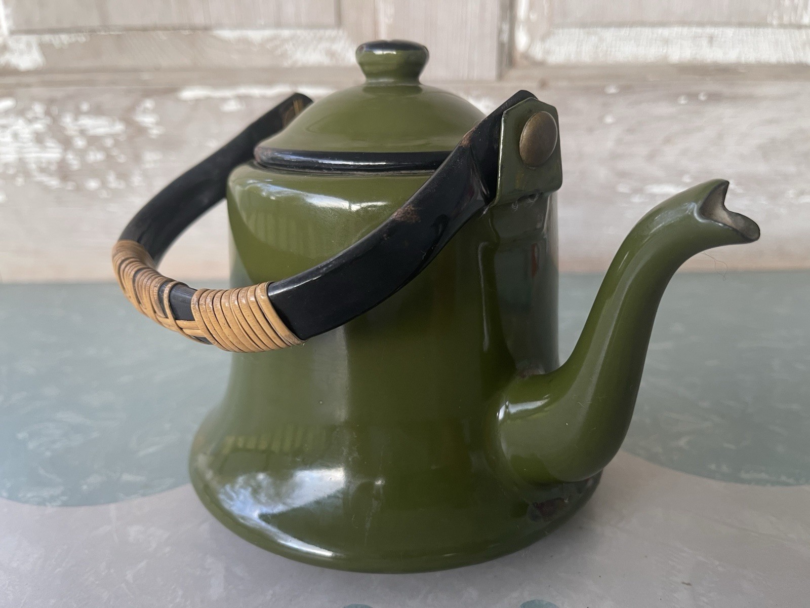 Rustic Japanese Green Enameled Teapot Black Trim Yields 26 oz Gooseneck Spout
