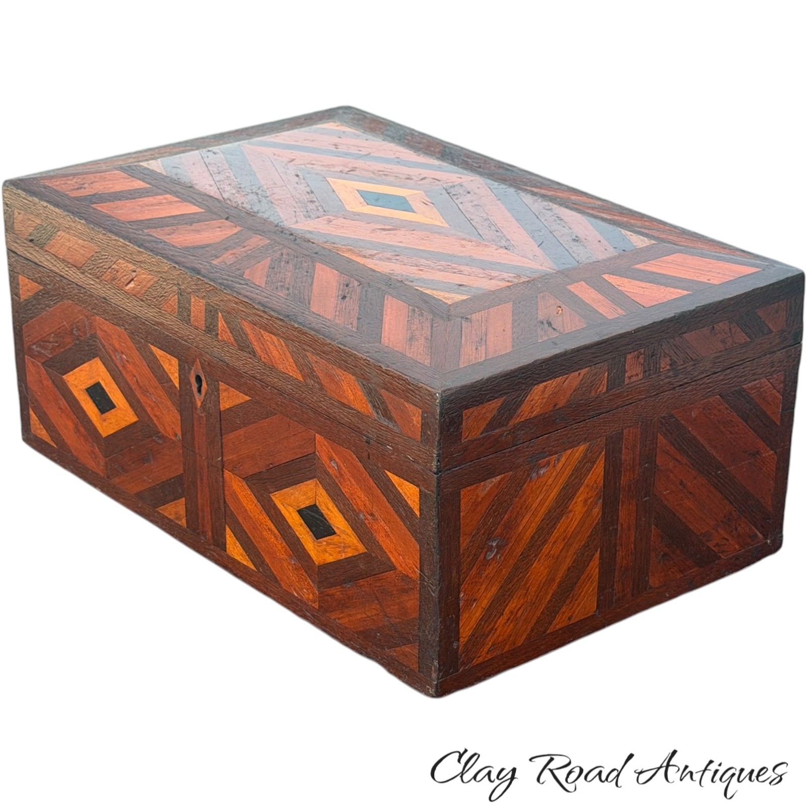 Antique 19th C Folk Art Geometric Parquetry Inlaid Wood Document Box Chest Antique 19th C Folk Art Geometric Parquetry Inlaid Wood Document Box Chest