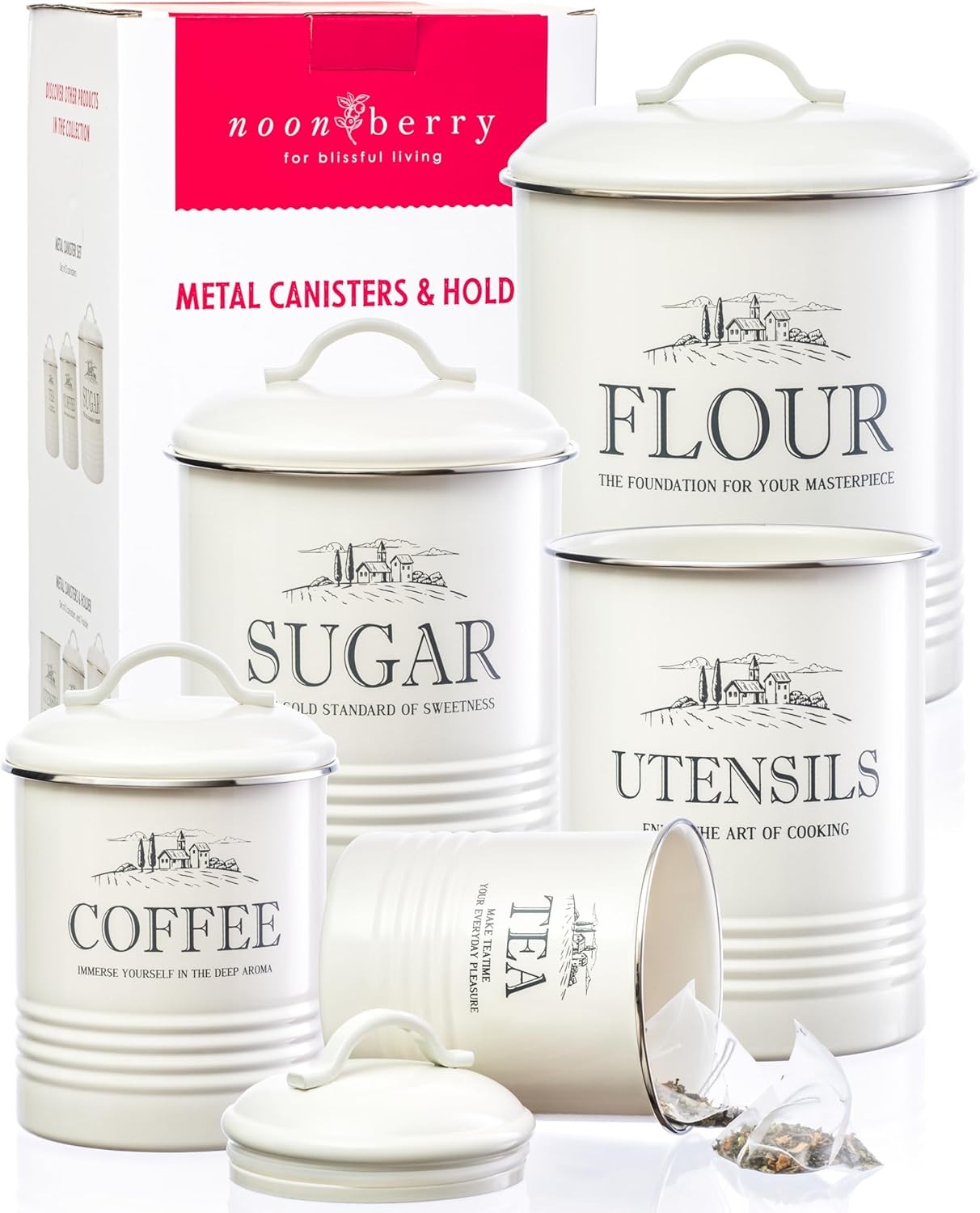 5-Piece Airtight Kitchen Canister Set with Utensil Holder, Cream-White