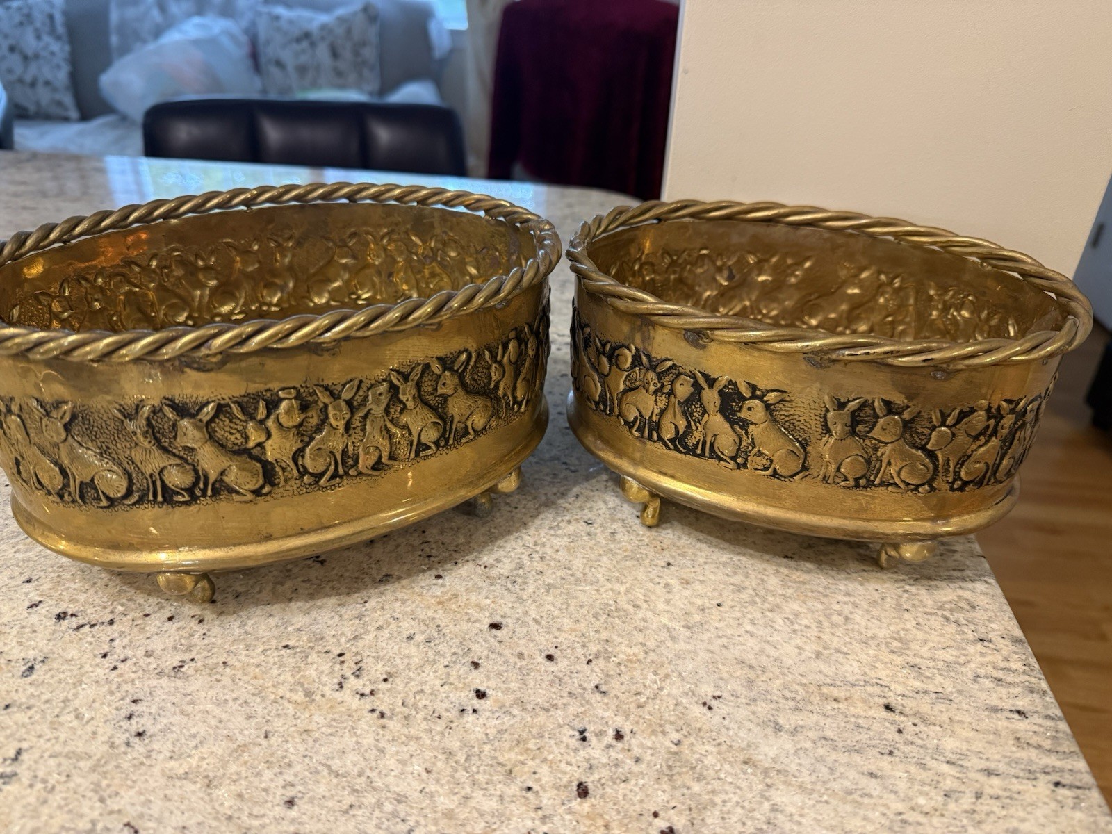 2 Vtg Solid Brass Planters w/ Rabbit Designs-Hammered Bottom-9”x7”& 8”x6” x 5”H