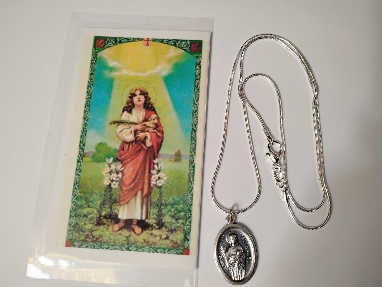 St Agnes Medal Necklace 925 Sterling silver chain + Color Laminated Prayer Card