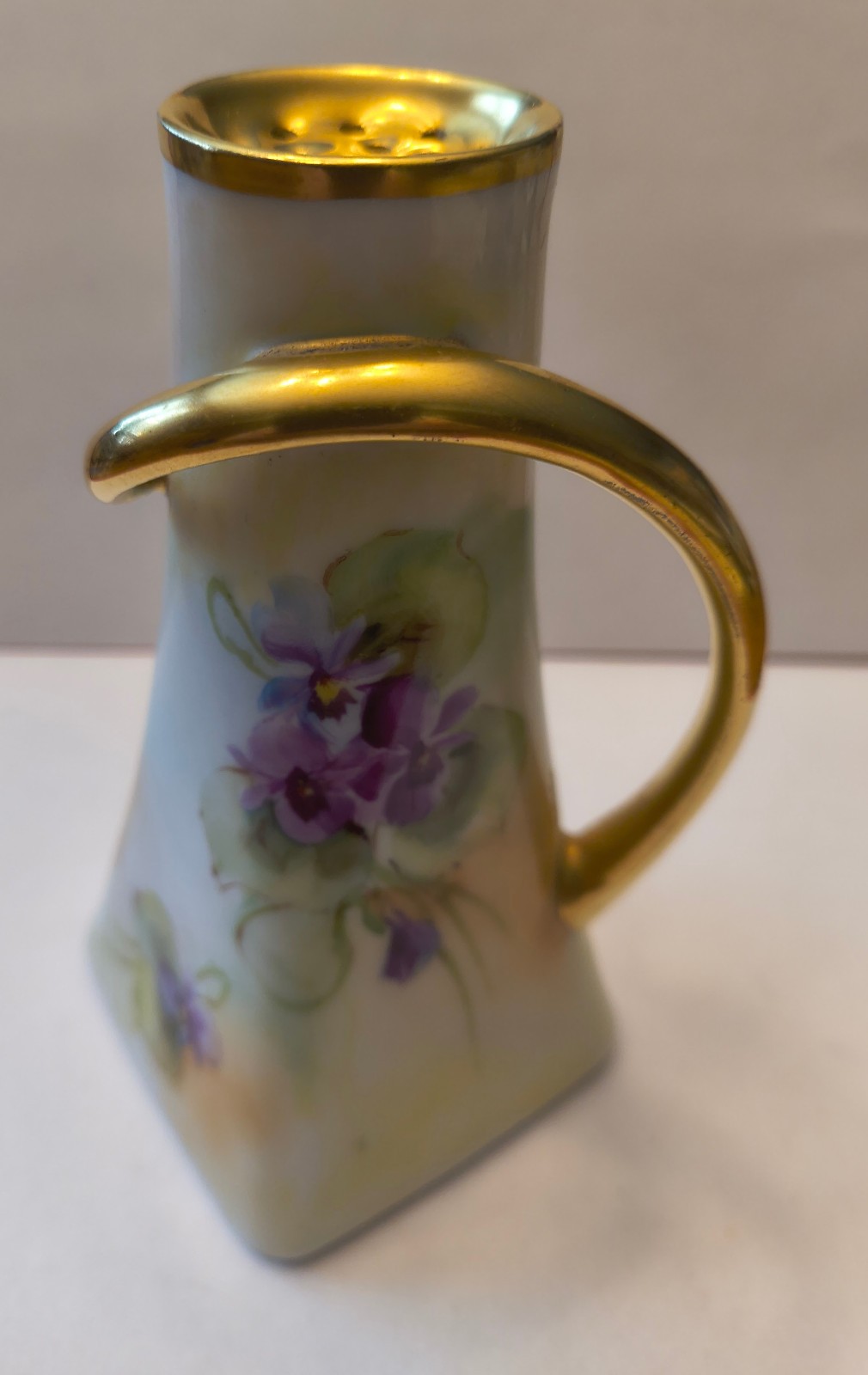 Antique Gilded Porcelain Darcy's Handpainted Violets Hat Pin Holder
