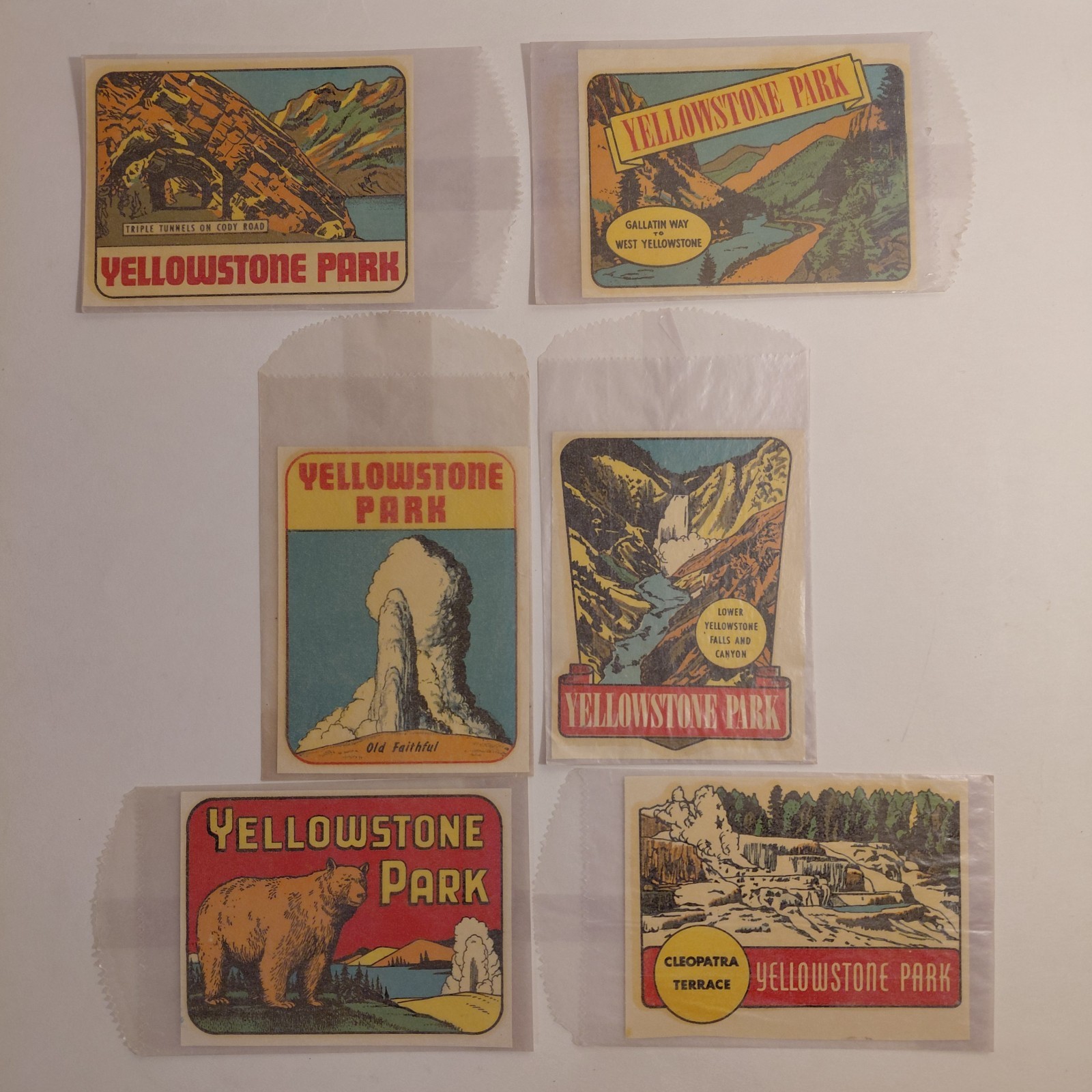 Lot Of 6 NOS Vintage 1950s 1960s Yellowstone Park Souvenir Decals With Sleeves Lot Of 6 NOS Vintage 1950s 1960s Yellowstone Park Souvenir Decals With Sleeves