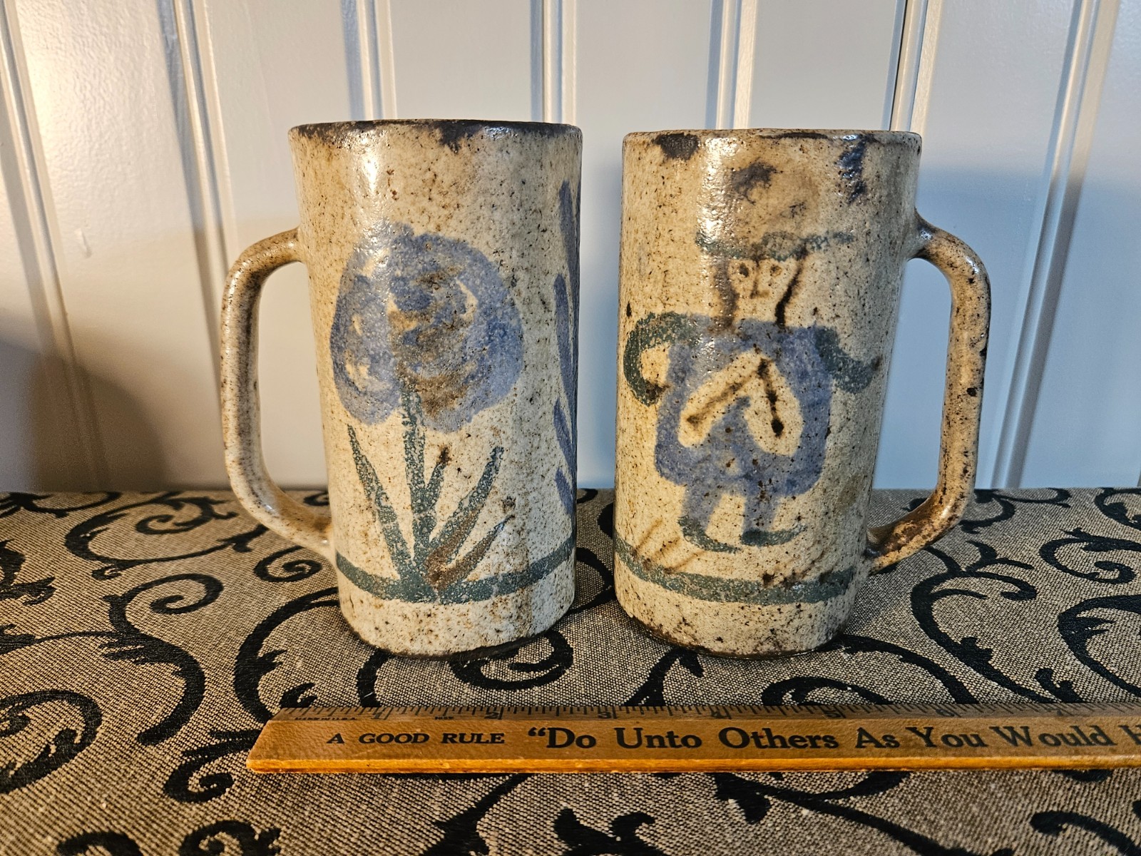 Pair Hand Thrown Rustic Vintage Stoneware Pottery 5\