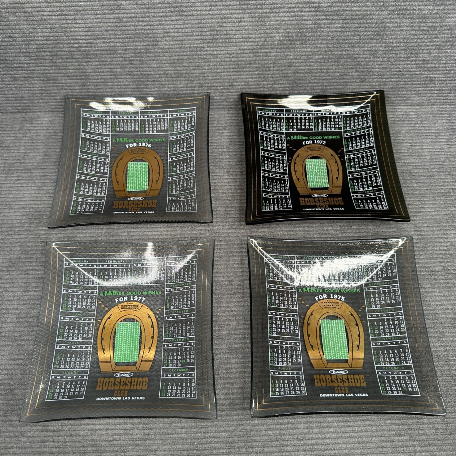 Vintage Binions Horseshoe Club Las Vegas Glass Calendar Dish Set 1972-1977 4pc