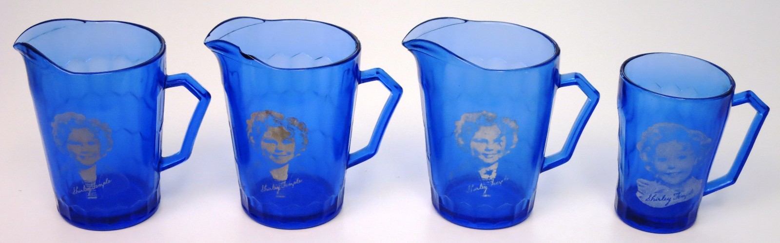 Shirley Temple Cobalt Blue Glass Child\'s Milk Pitchers & Cup Promotional VINTAGE