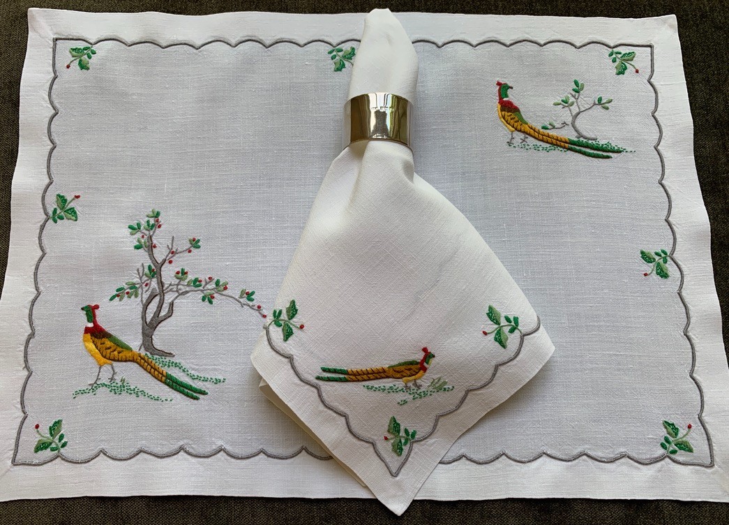 Vintage Placemats Madeira Embroidered Pheasants Trees 4 Placemats, 3 Napkins
