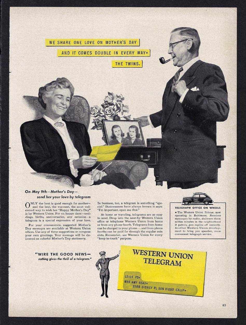 1948 WESTERN UNION Telegram Print Ad \