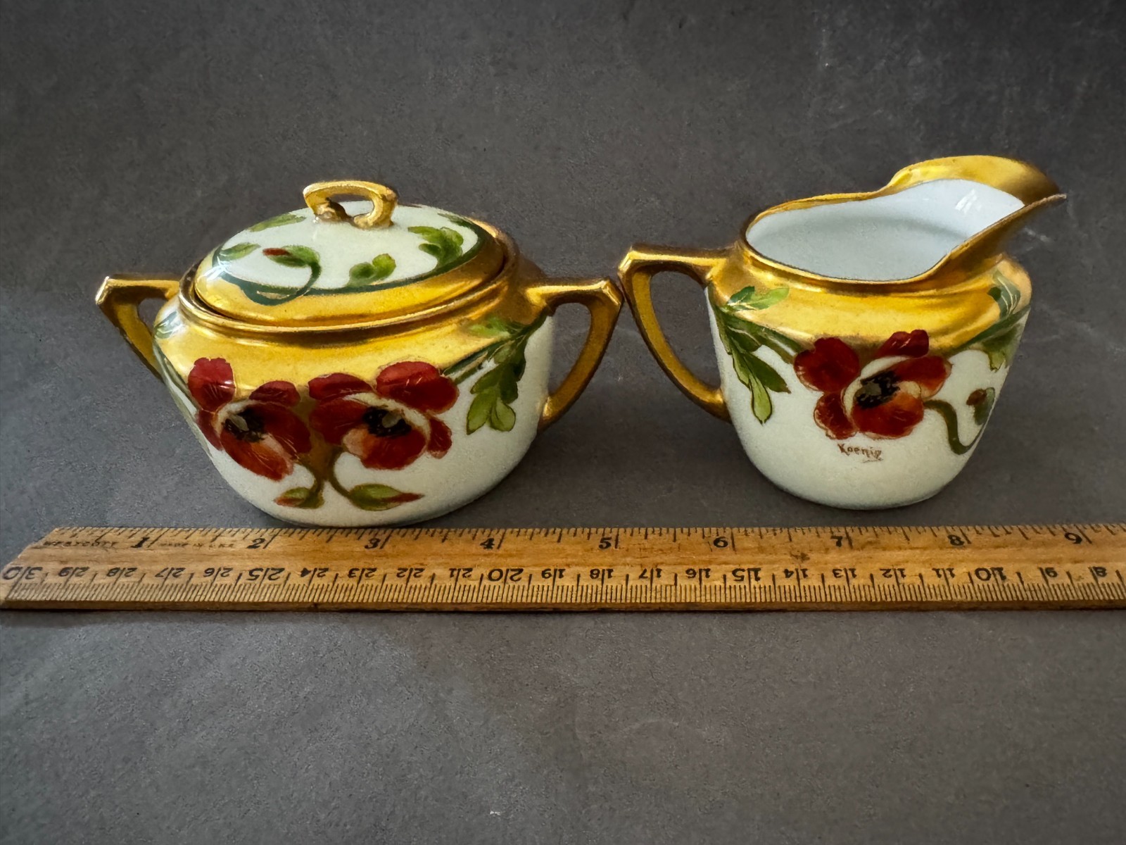 J&C ISOLDE E.W. DONATH KOENIG SIGNED RED POPPY GOLD TRIM SUGAR BOWL CREAMER SET
