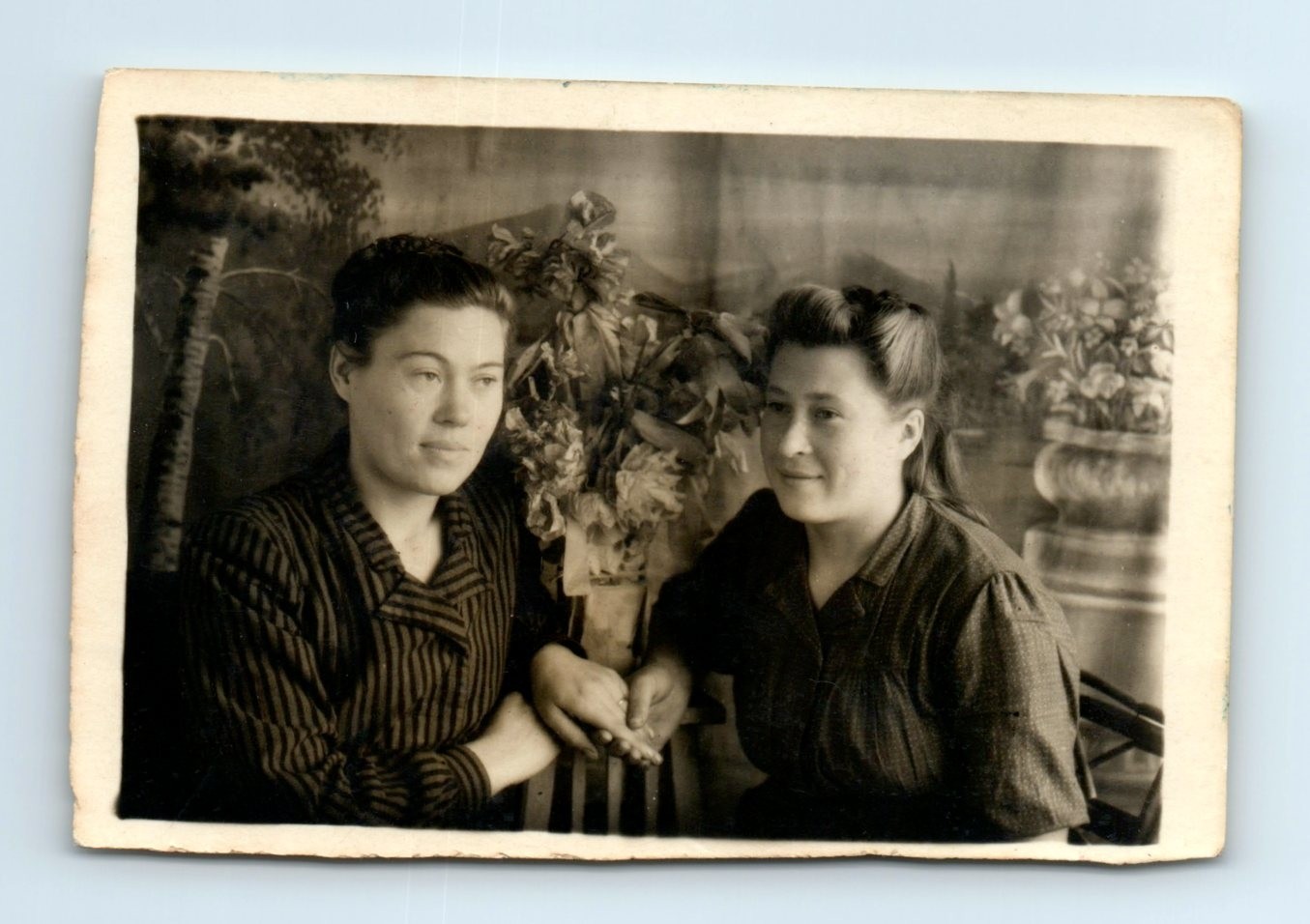 Photo Portrait USSR Woman Side Part Swept Back Hair Striped Blouse