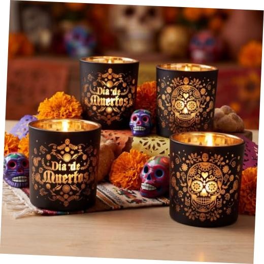 Qinyoung 4 Pcs Dia De Los Muertos Candle Holder Decoration Day of the Dead