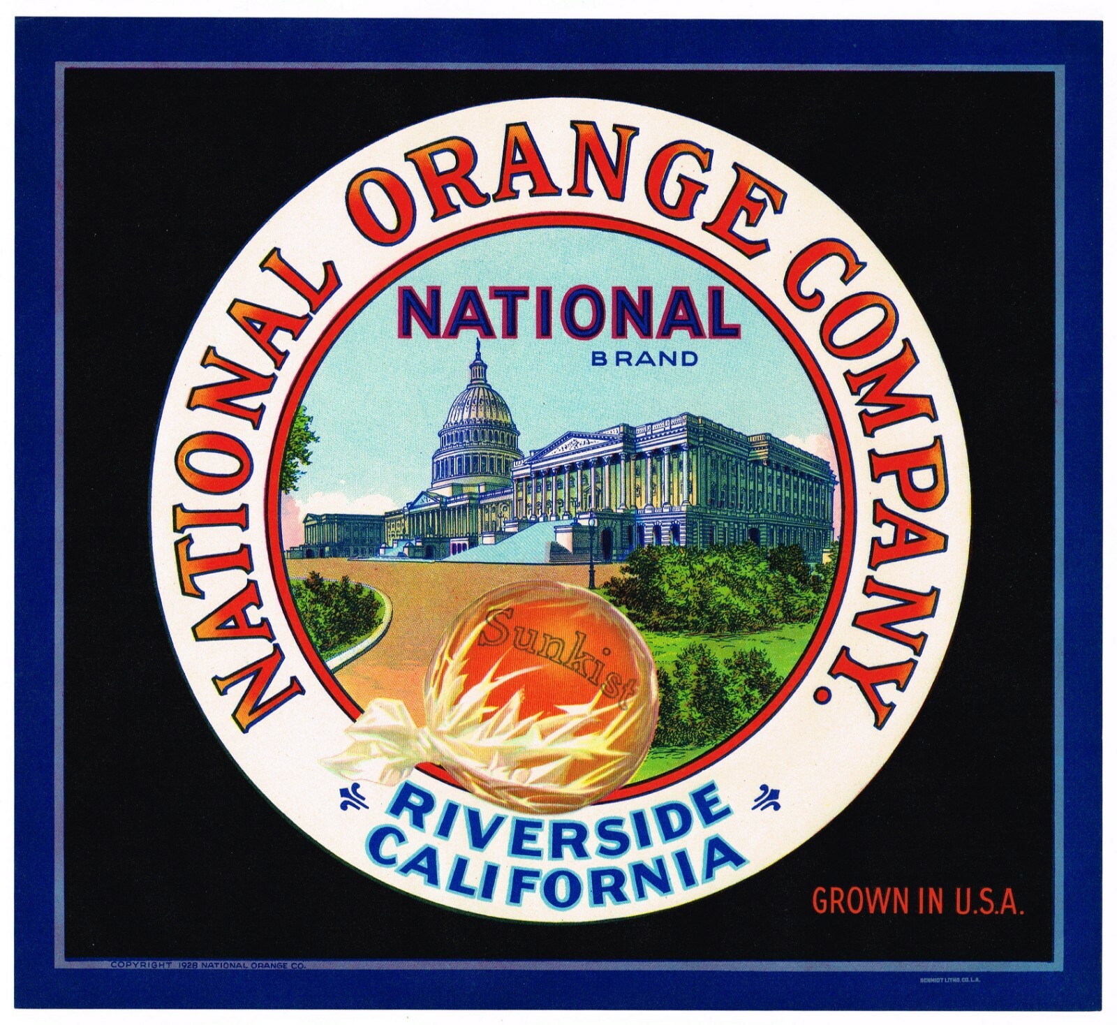 ORIGINAL CRATE LABEL VINTAGE RIVERSIDE NATIONAL ORANGE CAPITOL BUILDING DC BLACK