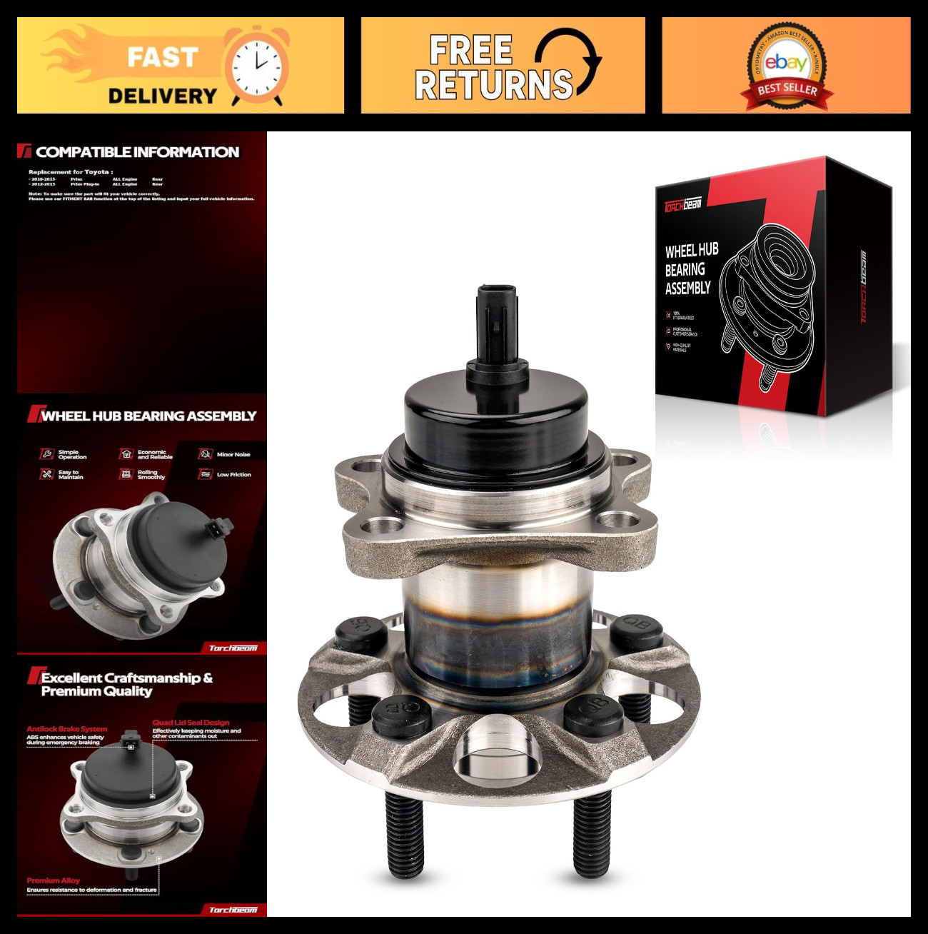 Torchbeam 512505 Rear Wheel Hub Bearing Assembly for 2010-2015 Toyota Prius, 201