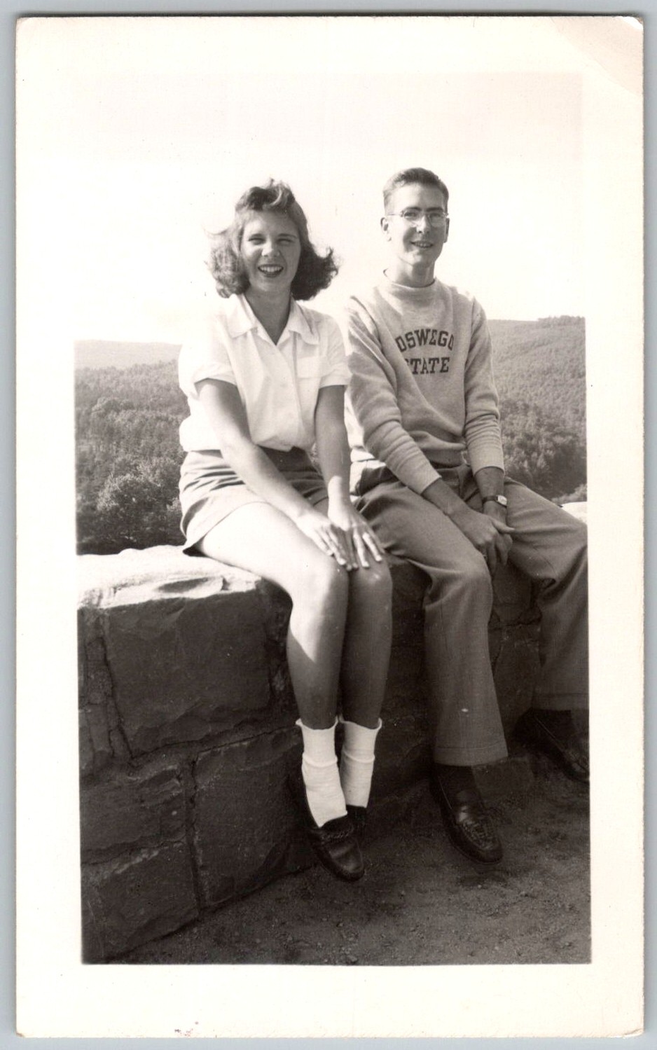 Vtg B&W Snapshot College Couple Oswego State Sweatshirt Shorts Socks Loafers