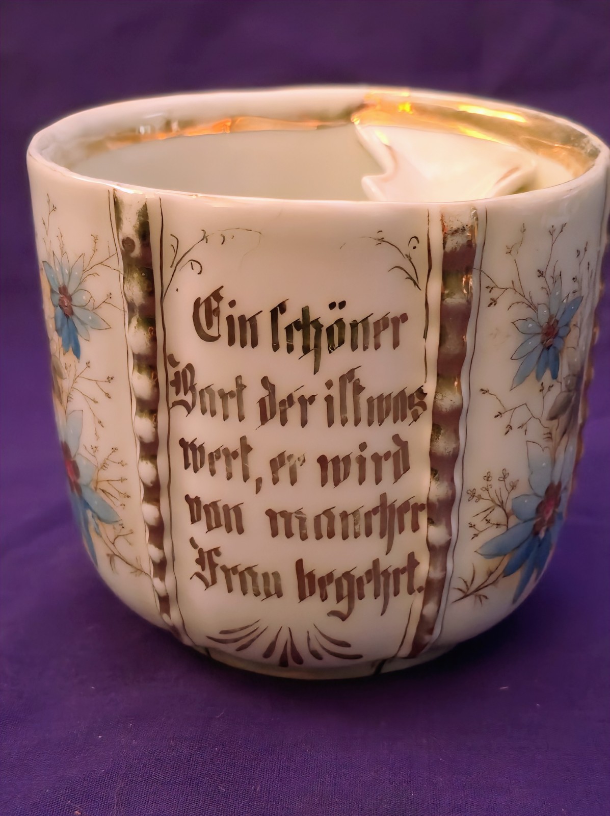 Antique German Motto Mustache Cup Porcelain Beard Verse Floral Gold c1900