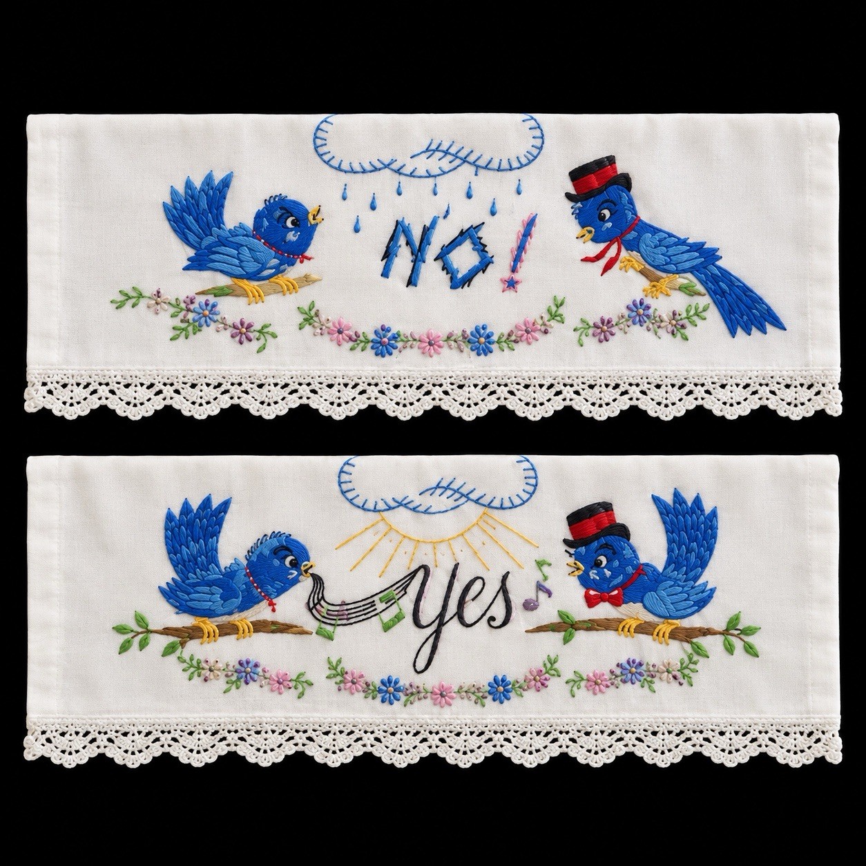 VTG Printed Pillowcase Pair Bluebird YES NO 21x28 Queen Cotton To Be Embroidered
