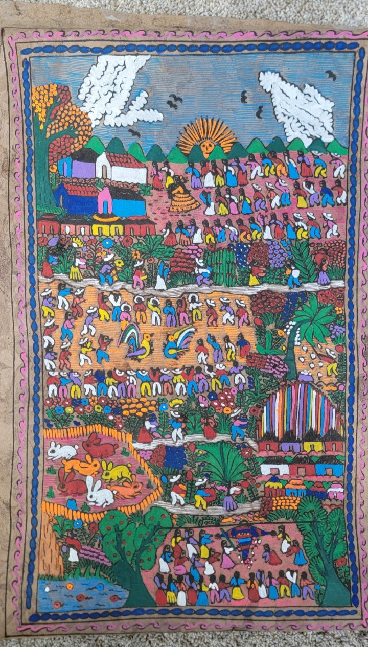 Mexican Amate Bark Painting Folk Art Hand Painted Village Festival Landscape