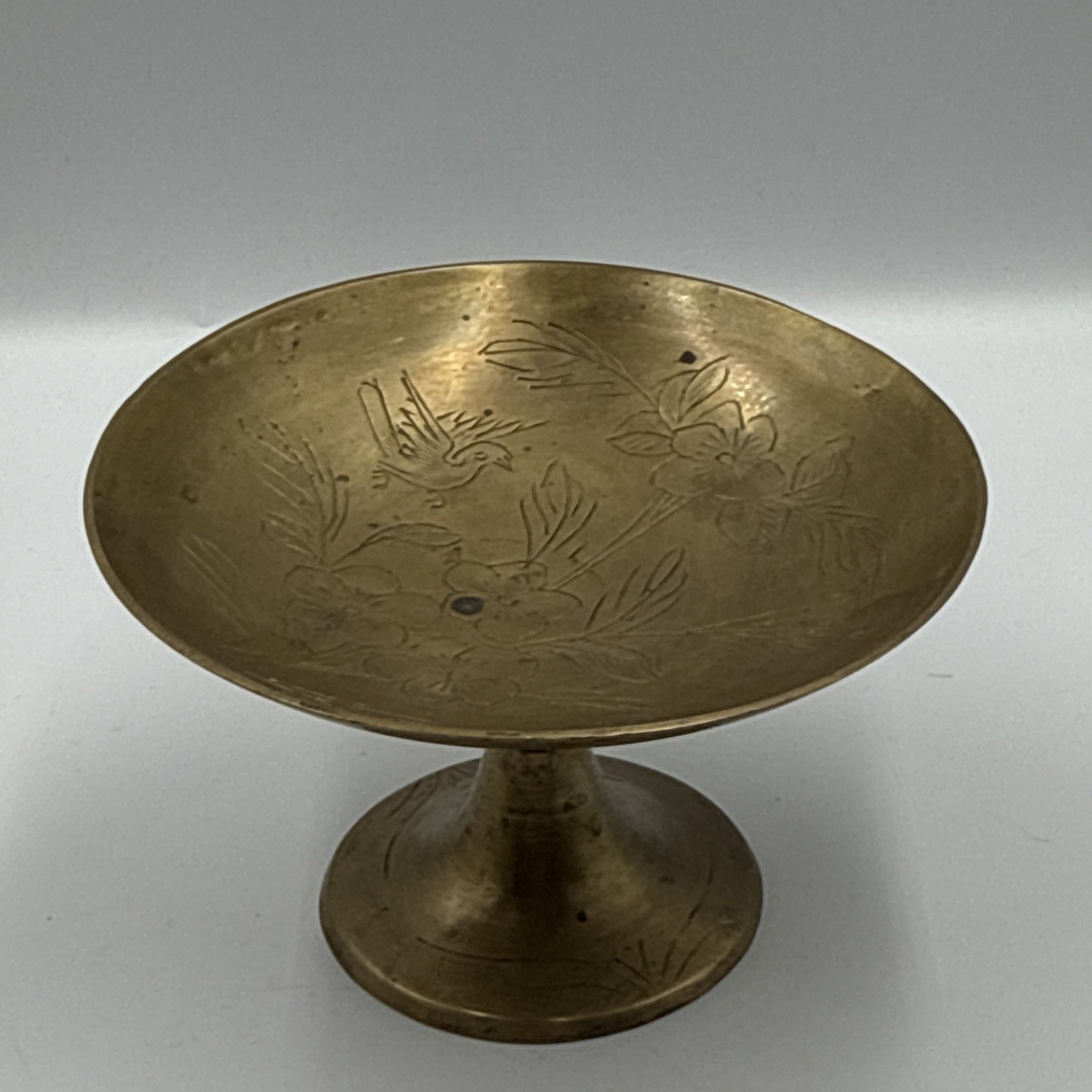 Vintage Etched Brass Pedestal Compote Bowl - Bird and Floral Design