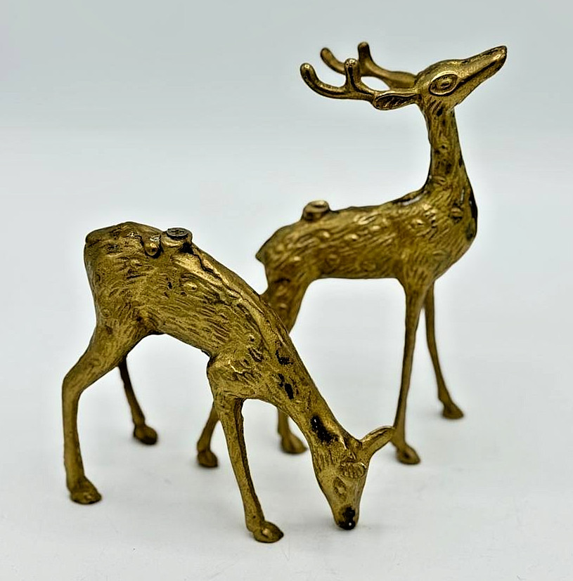 Vintage Solid Brass Deer Figurines Pair Stag & Doe Mid-Century Home Decor