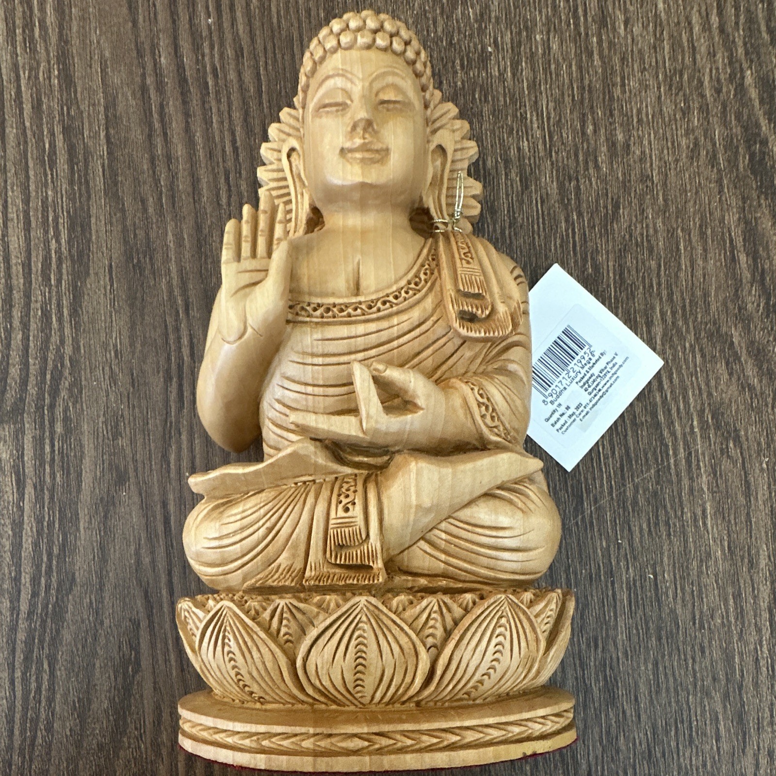 Handmade Wood Carved Buddha Statue Figure on Lotus Base Buddhism