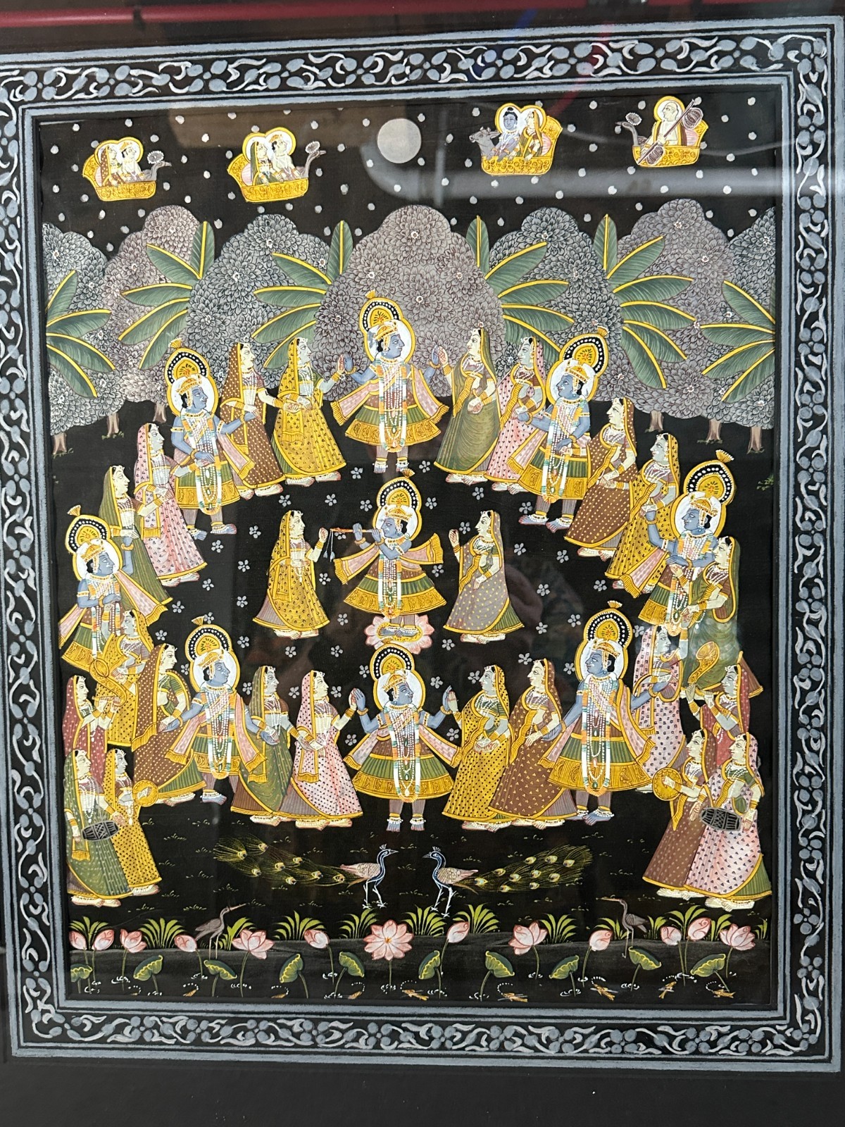 Hand Painted Indian Pichwai Cloth Painting Krishna Raas Leela Framed 27
