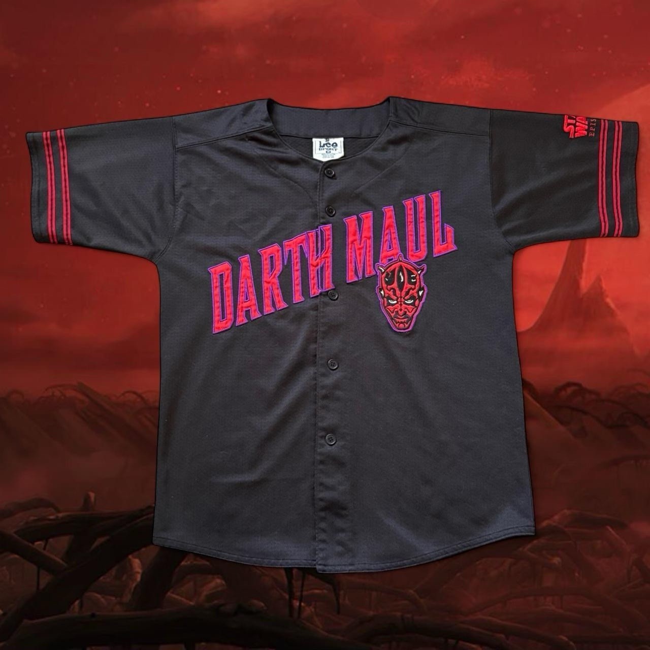 Vintage 1999 Lee Sport Darth Maul Baseball Jersey Size Medium Star Wars Black