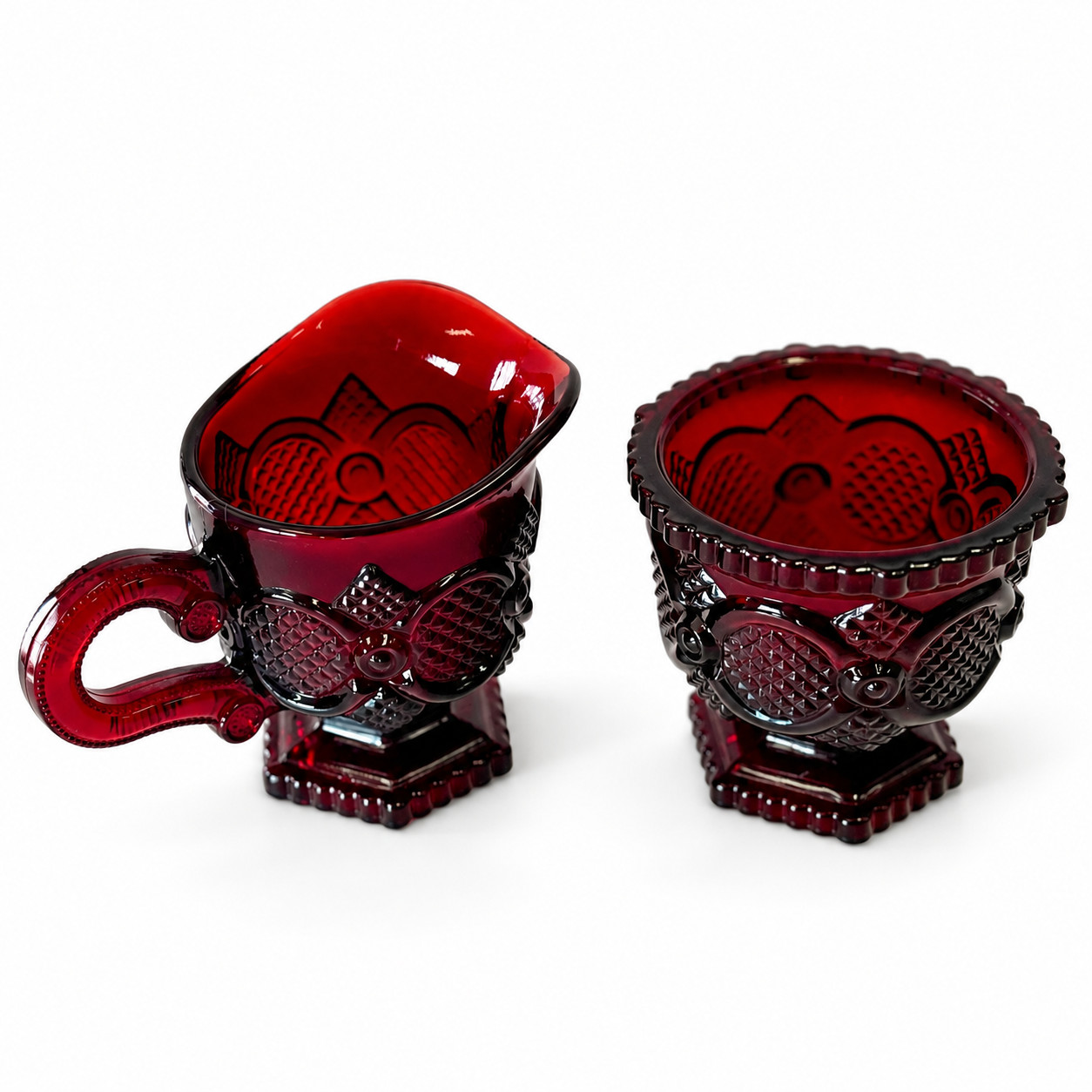 Vintage Avon 1876 Cape Cod Ruby Red Glass Creamer & Sugar Bowl Set