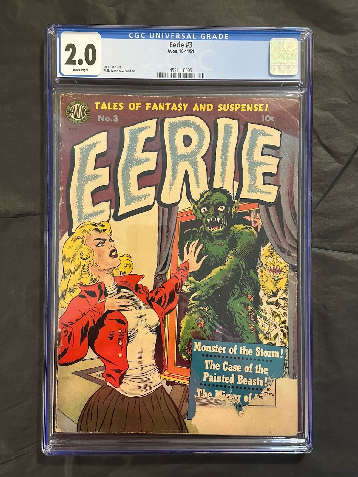 Eerie #3 CGC 2.0 White Pages.  Pre Code Horror / golden Age.  Joe Kubert Art