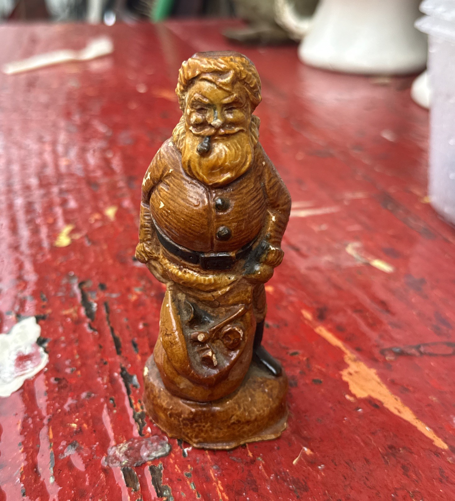 Vintage Chalkware Santa Claus Figurine With Toy Bag Christmas Decoration 5 Inch