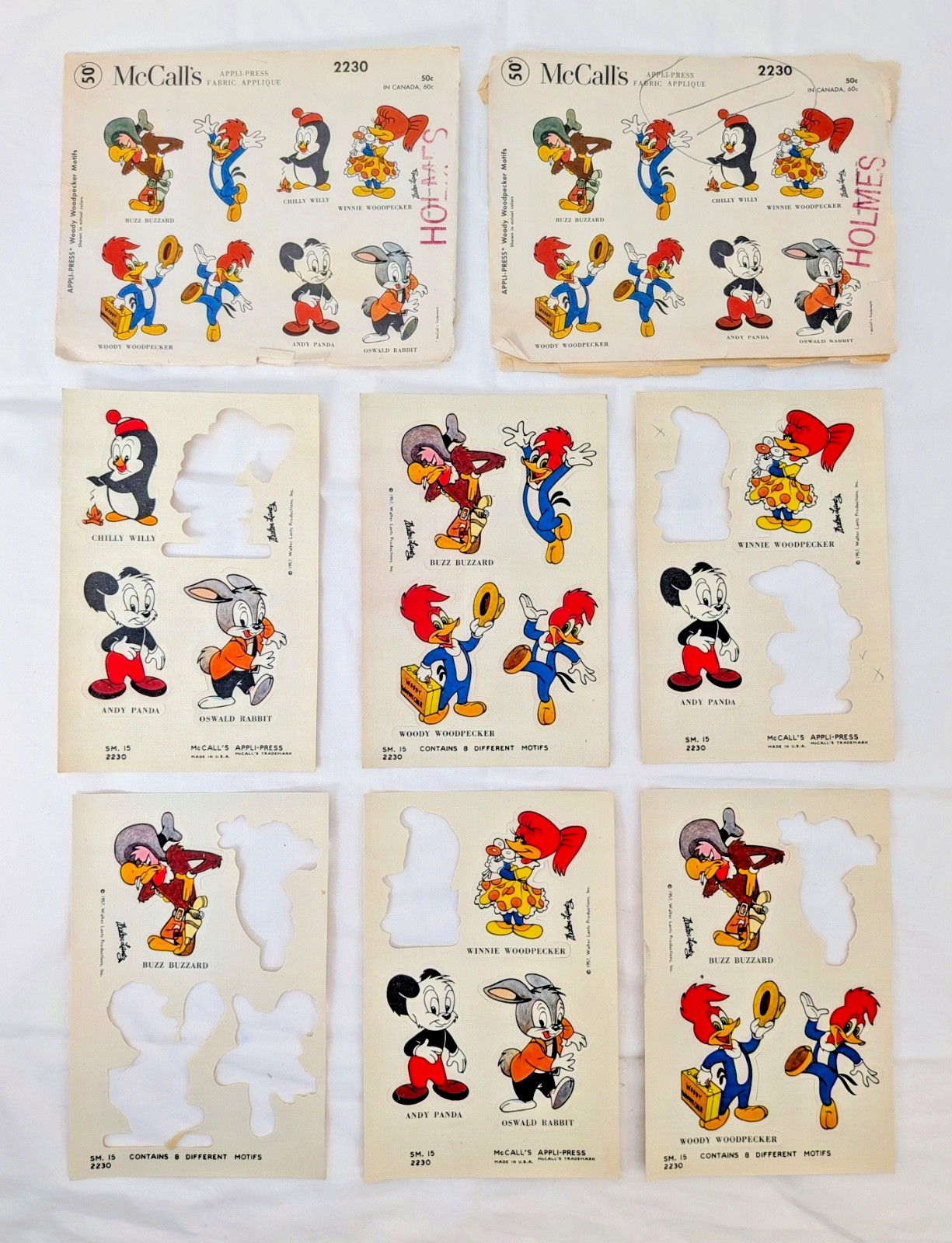 VTG 1950s McCall's Woody Woodpecker Appli-Press Iron On Appliques 16 pcs