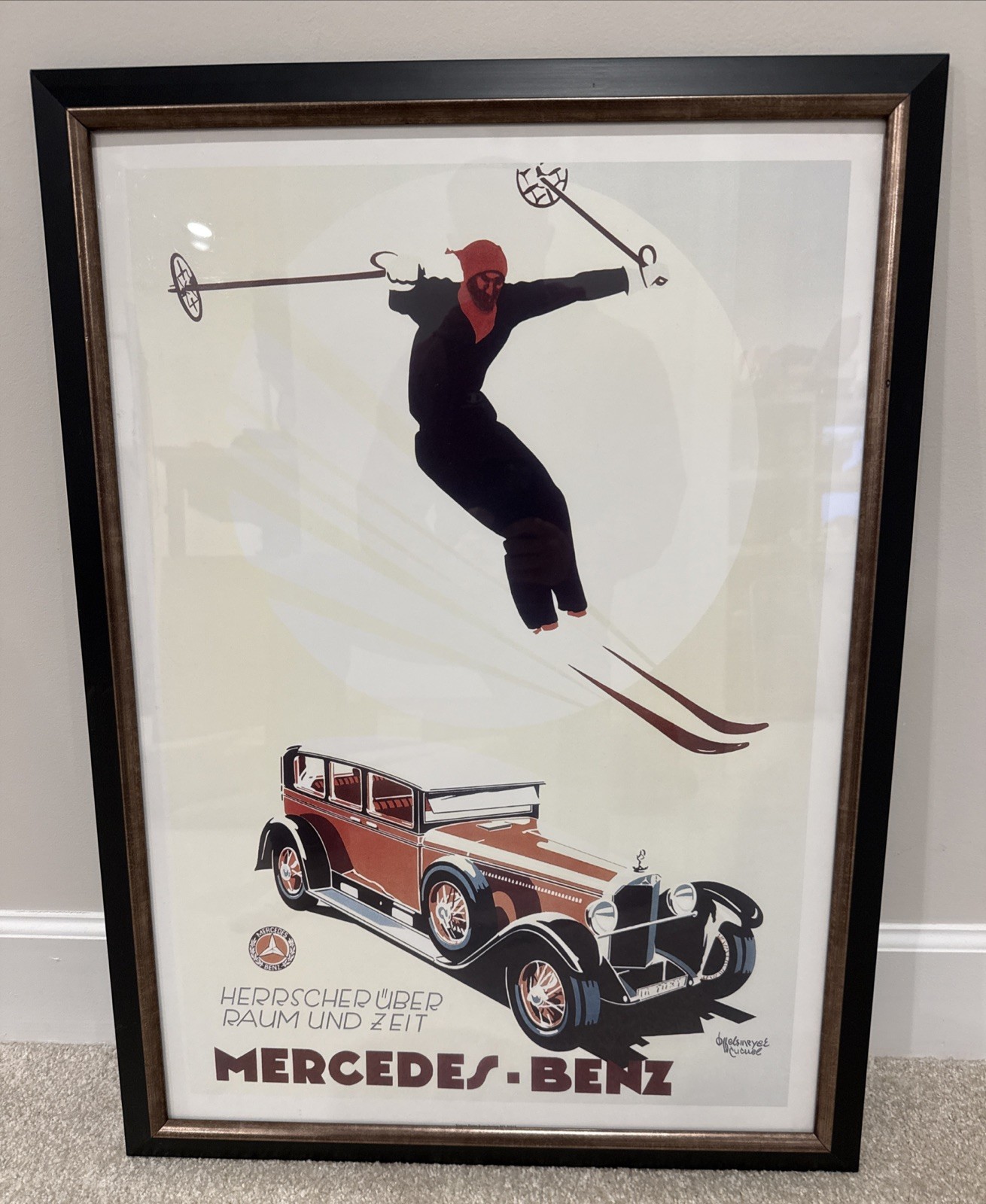 RULER OF SPACE AND TIME Mercedes Benz Car Art Poster - Skier VINTAGE Framed