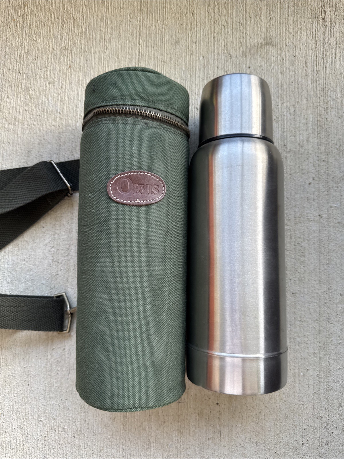 Vintage Orvis Stainless Steel Vacuum Thermos with Canvas Carrying Case Vintage Orvis Stainless Steel Vacuum Thermos with Canvas Carrying Case