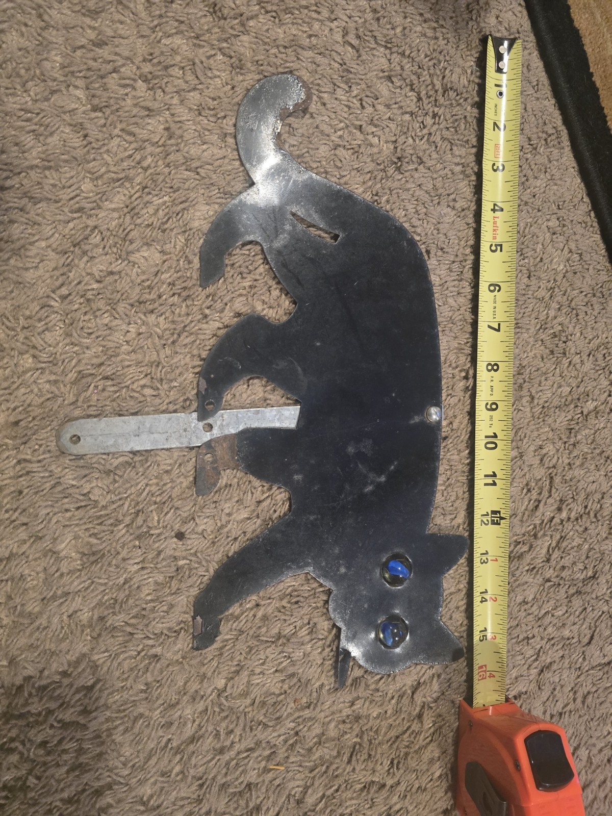 Antique Edwardian Black Metal Cat Bird & Rodent Scarer W/ Marble Eyes And Stake Antique Edwardian Black Metal Cat Bird & Rodent Scarer W/ Marble Eyes And Stake