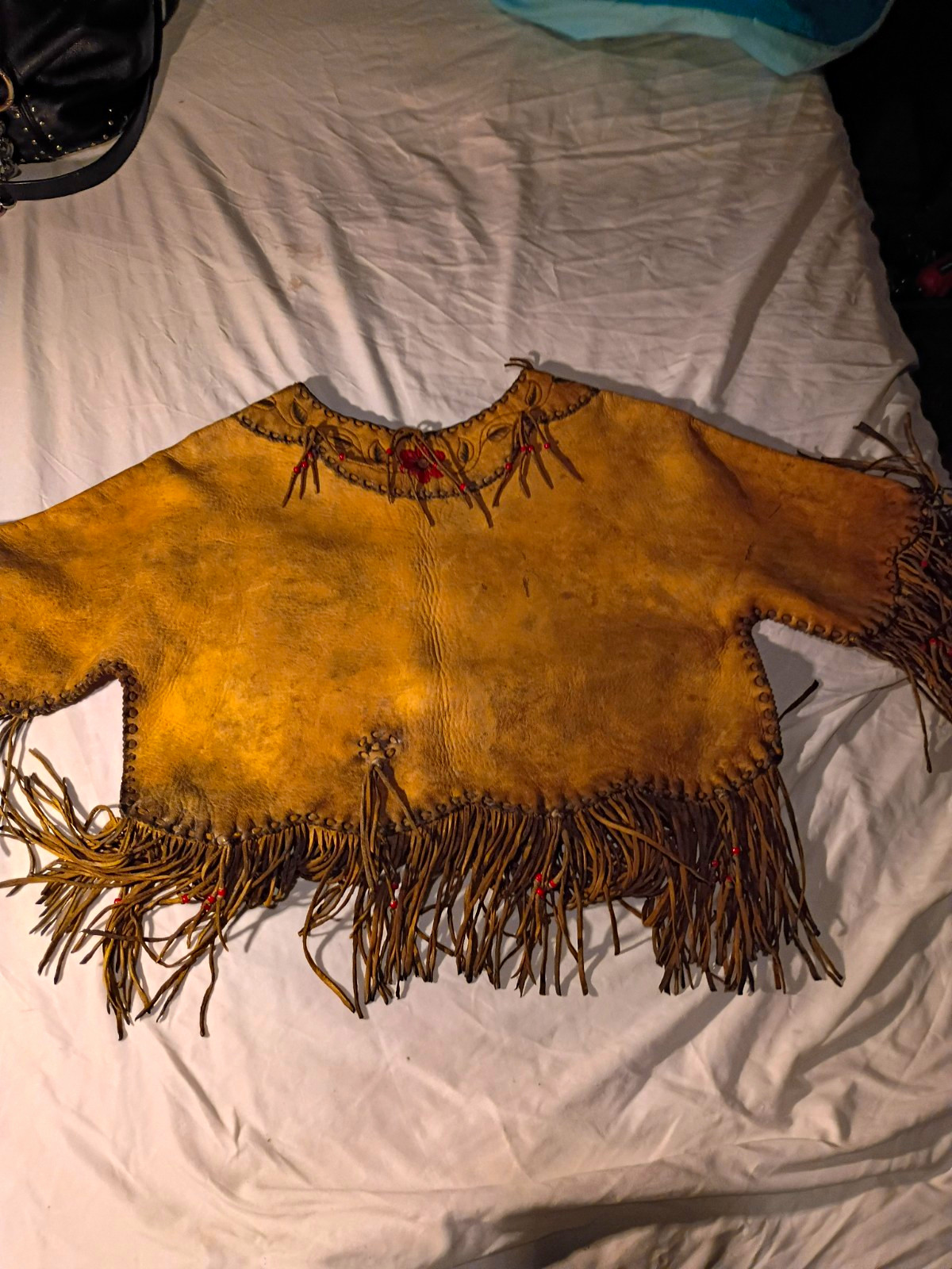 Native American Leather Fringe Pullover Top Jacket with Beaded Neckline