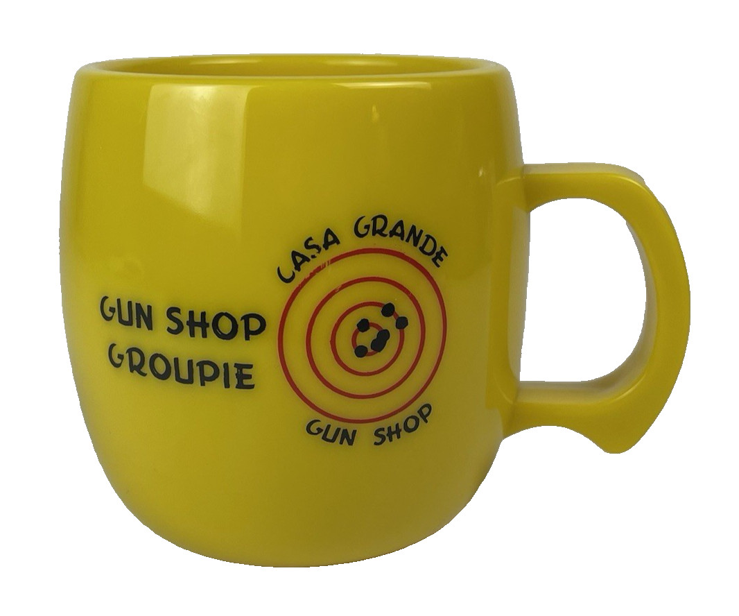 Vintage Casa Grande Gun Shop Groupie 8oz Coffee Cup Mug Melamine Yellow USA