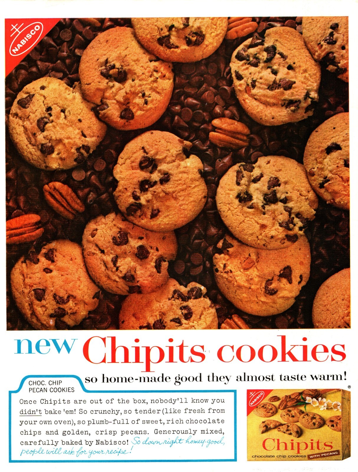 1963 Nabisco Chipits Cookies Vintage Print Ad Chocolate Chip Pecan Home Made