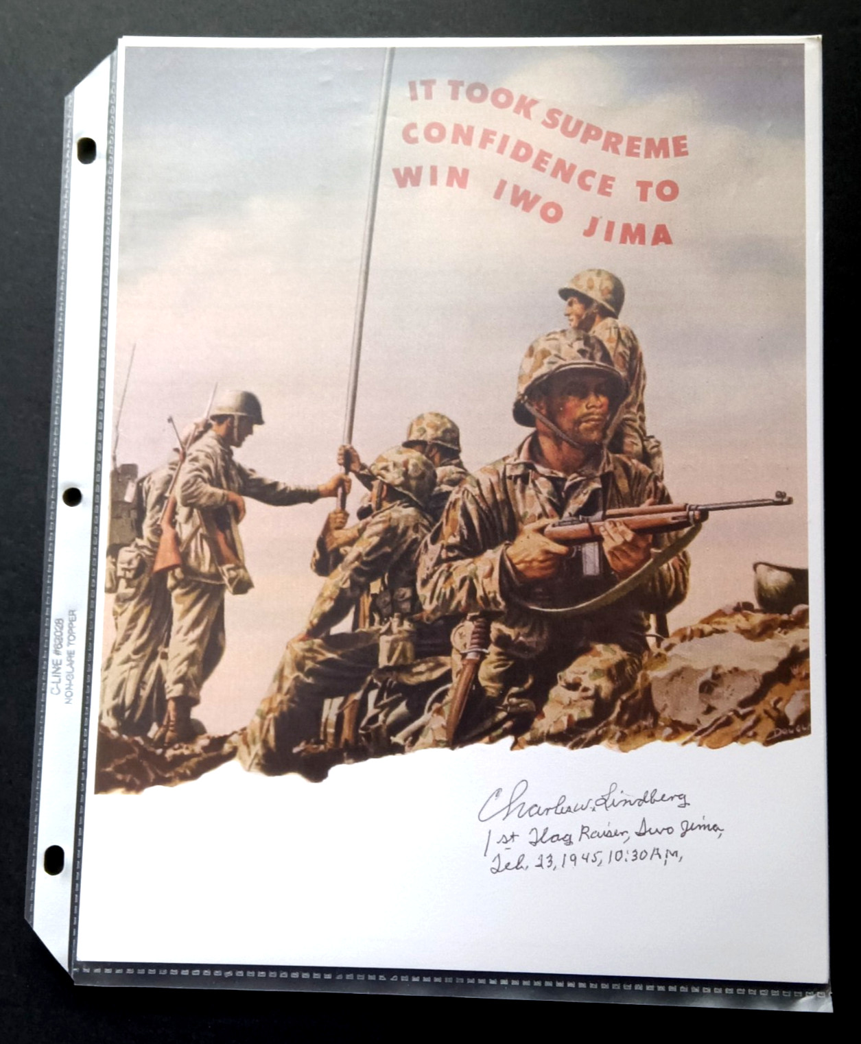 CHARLES W. LINDBERG Signed WWII IWO JIMA FLAG Rasing 8.5\
