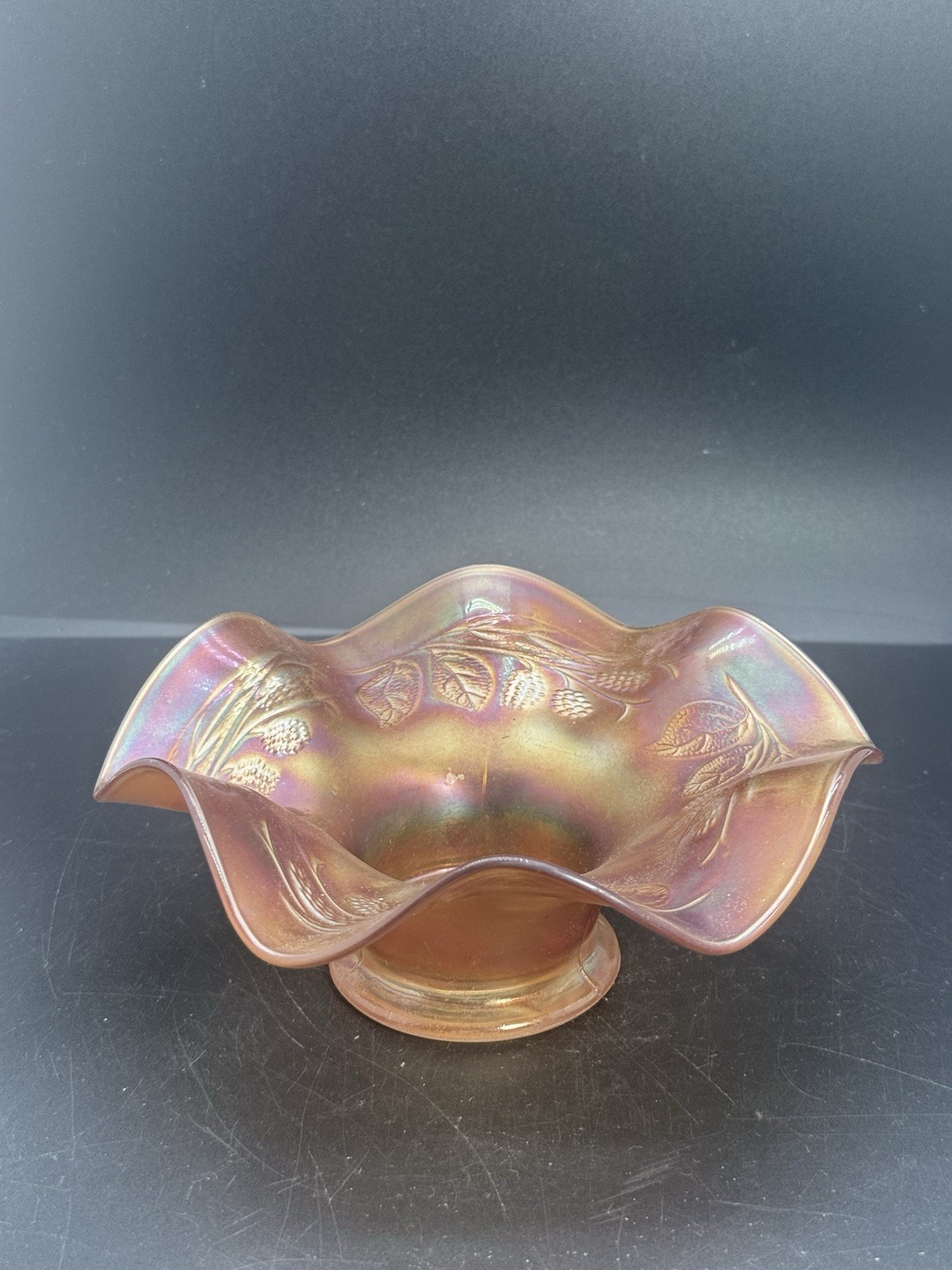 Fenton Blackberry Spray Marigold Carnival Glass Antique Ruffled Bowl Fenton Blackberry Spray Marigold Carnival Glass Antique Ruffled Bowl