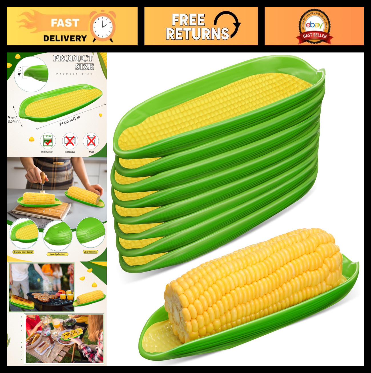 8 Pcs Non-Slip Melamine Corn on the Cob Dishes - Durable & Easy to Clean