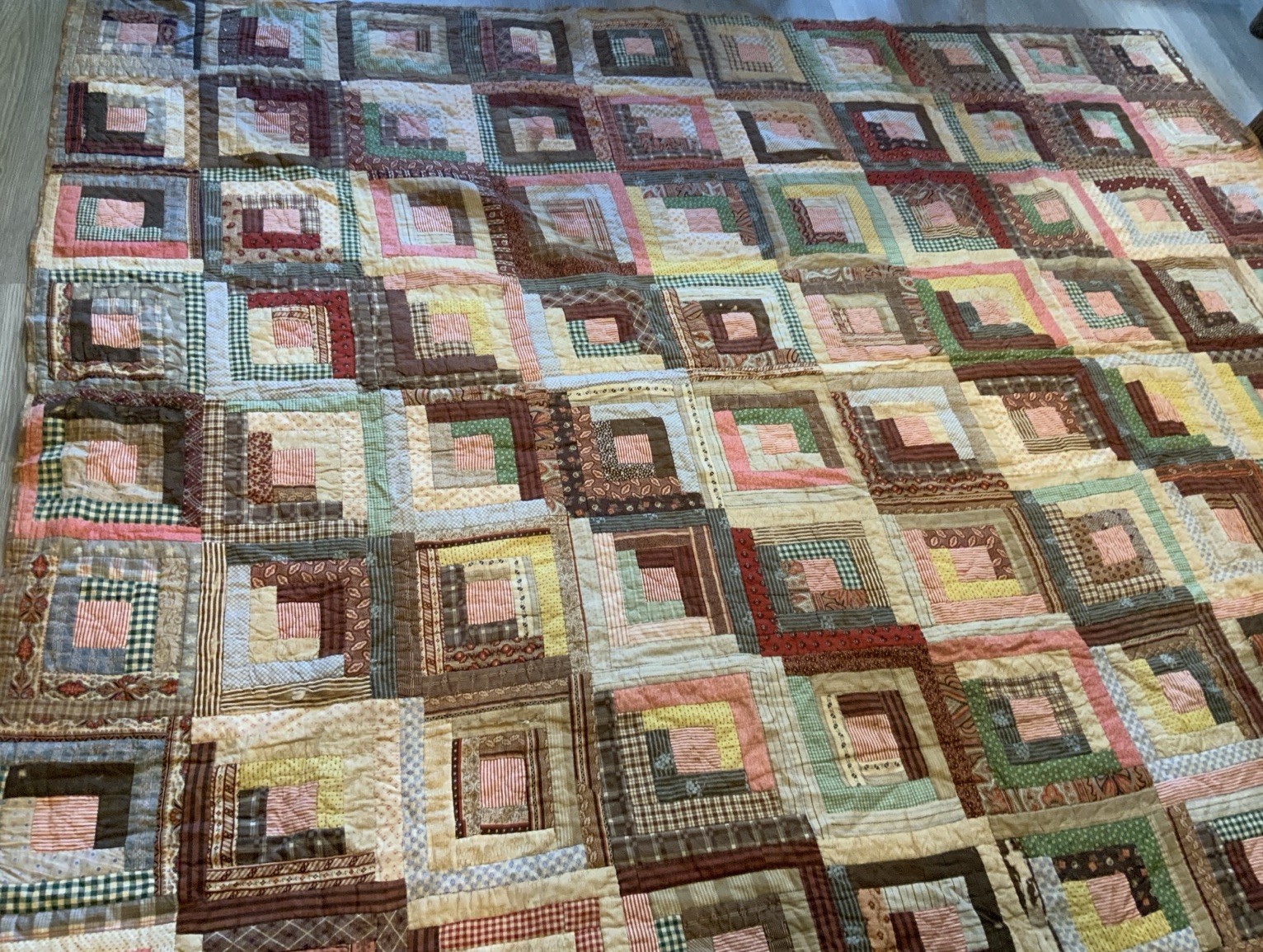 Antique Patchwork Quilt, Log Cabin, Brown Calico Back, Hand Quilted, 1880’s