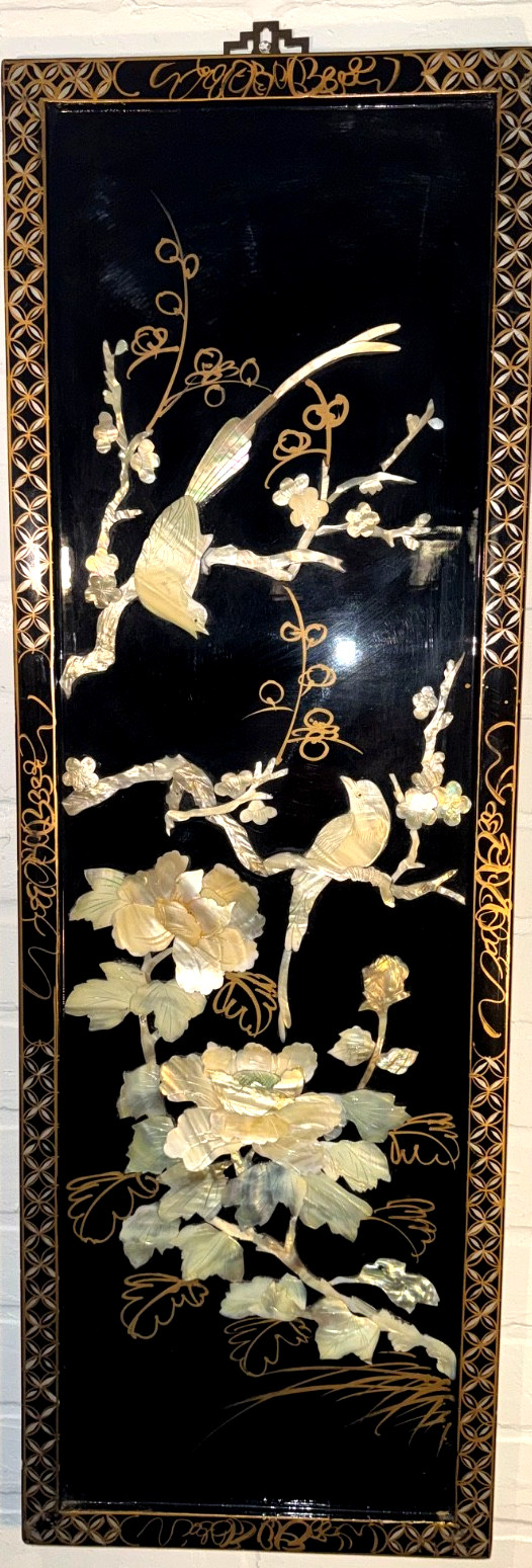 Chinese Lacquer Wall Panel with Mother-of-Pearl Birds and Peony Inlay Vintage